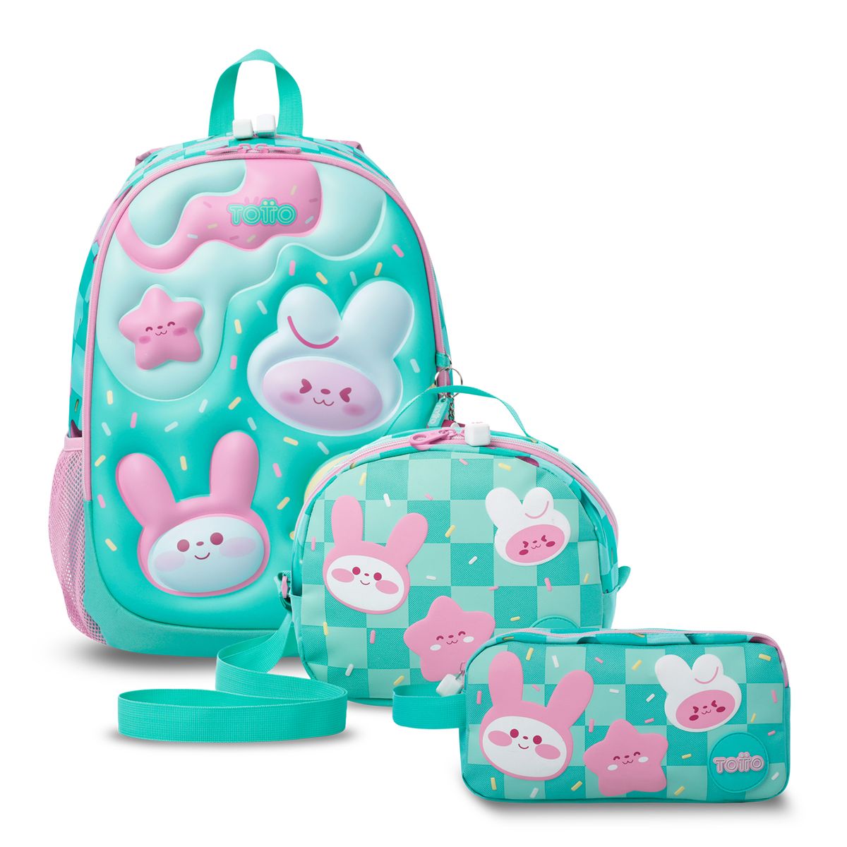 TOTTO - Pack Escolar Mochila Azul Grande + Lonchera + Estuche Bunny Pump