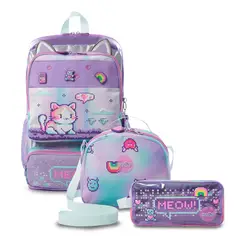 TOTTO - Pack Escolar Mochila Morado Grande + Lonchera + Estuche Andy Cat