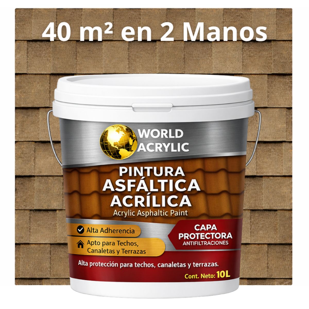 PINTURA - SELLO - IMPERMEABIZANTE - TEJAS ASFALTICA - TINETA 10L BEIGE ARENA, marca WORLD ACRYLIC - Foto 2