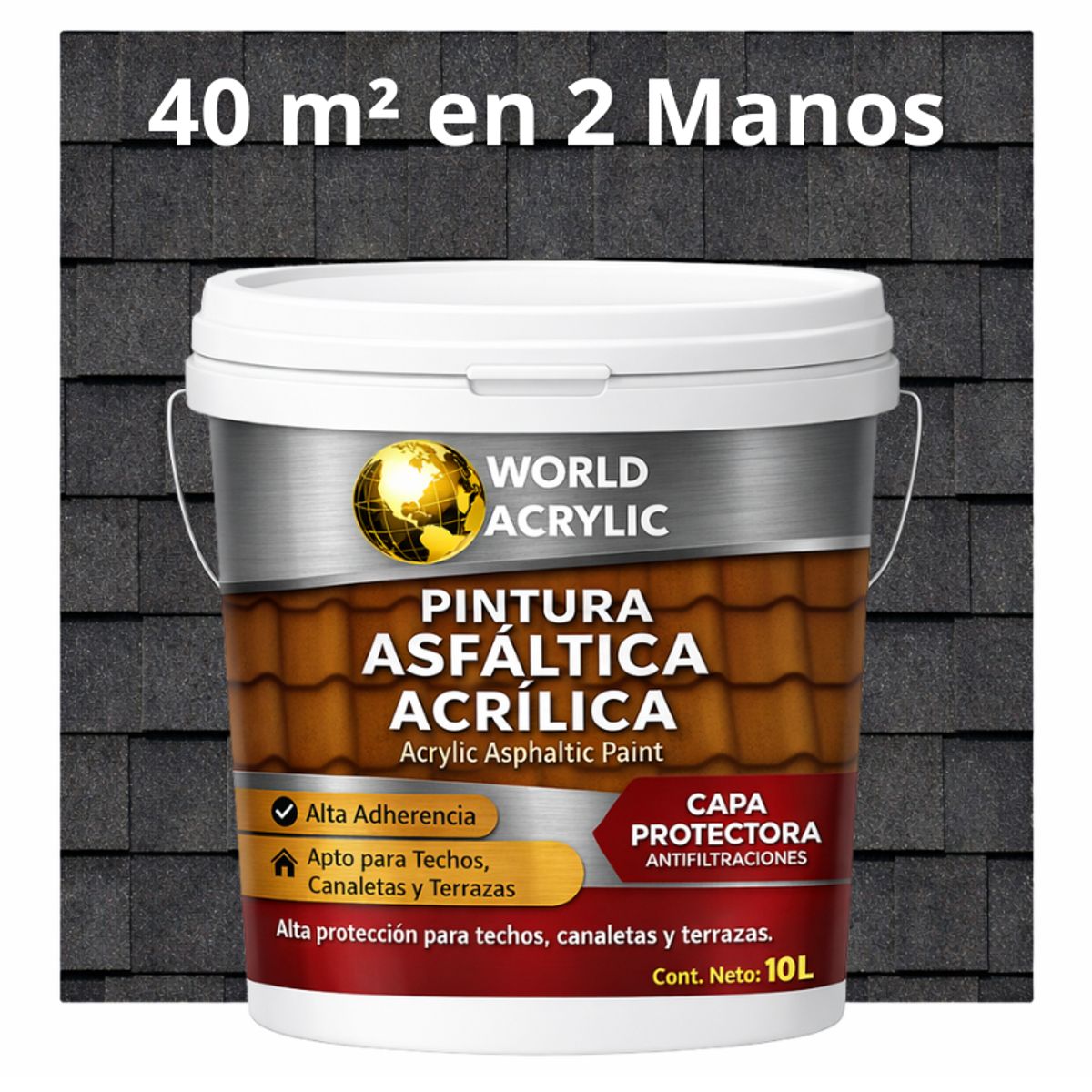 WORLD ACRYLIC - PINTURA - SELLO - IMPERMEABIZANTE - TEJAS ASFALTICA - TINETA 10L GRIS ANTRACIT