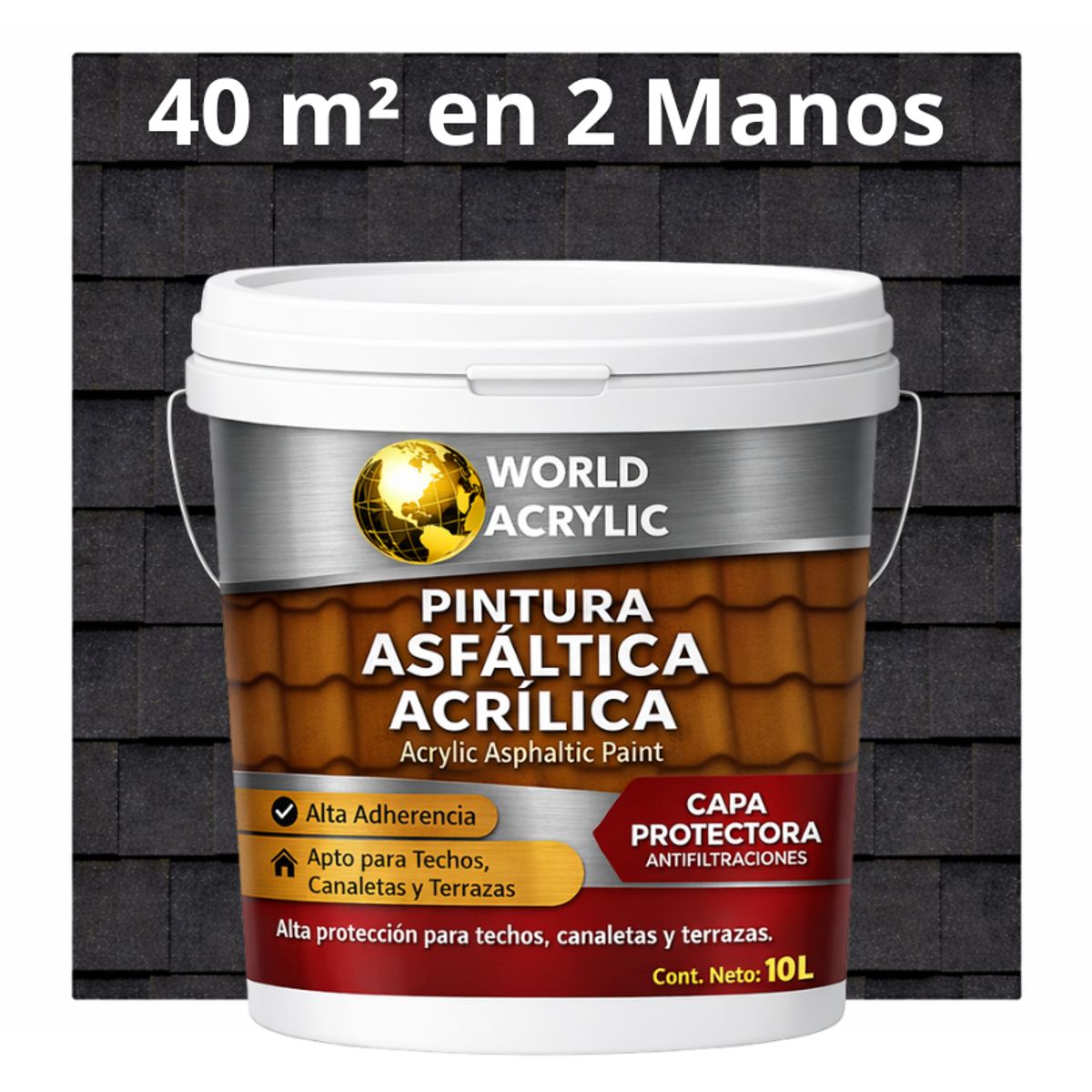WORLD ACRYLIC - PINTURA - SELLO - IMPERMEABIZANTE - TEJAS ASFALTICA - TINETA 10L GRIS GRAFITO