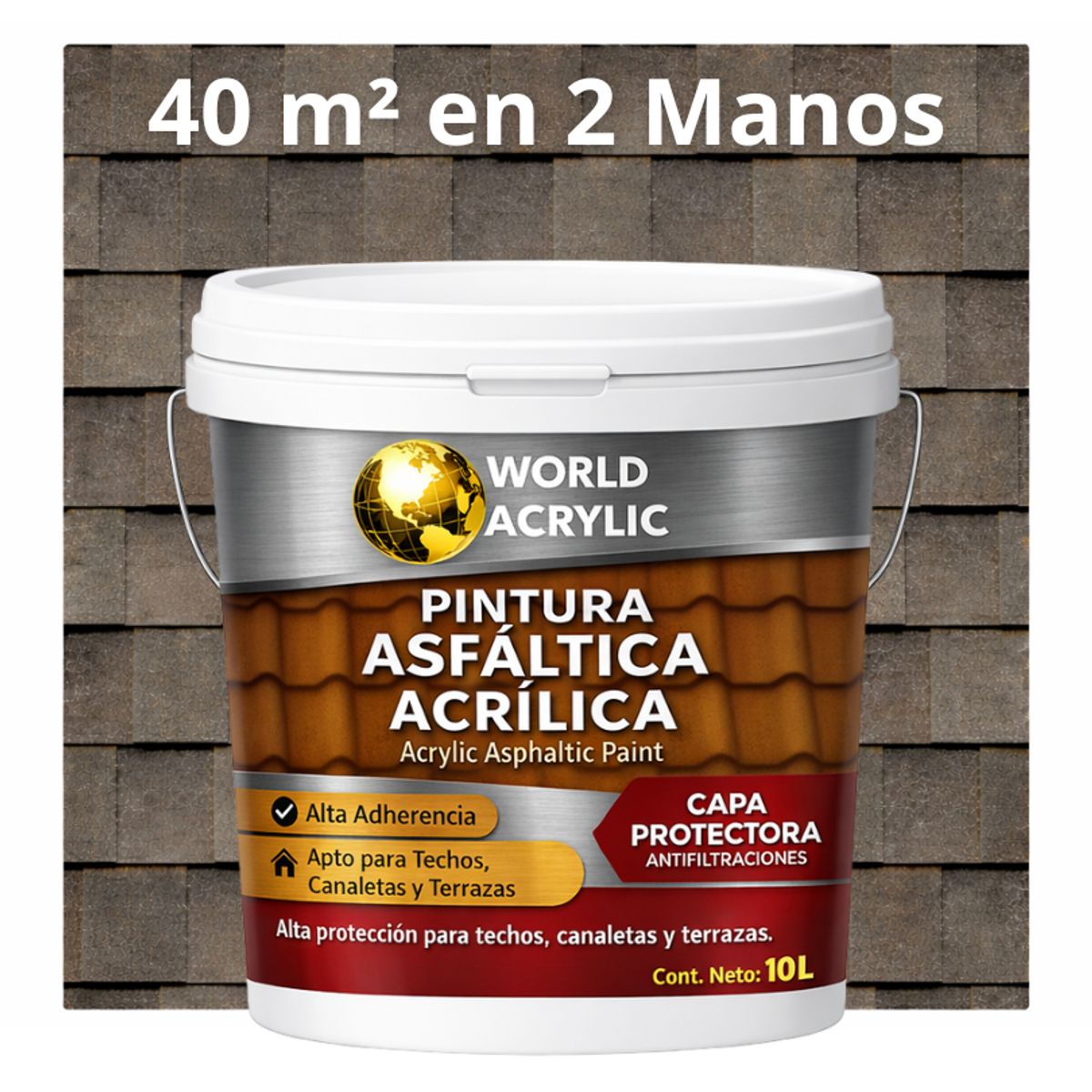 WORLD ACRYLIC - PINTURA - SELLO - IMPERMEABIZANTE - TEJAS ASFALTICA - TINETA 10L GRIS PIEDRA