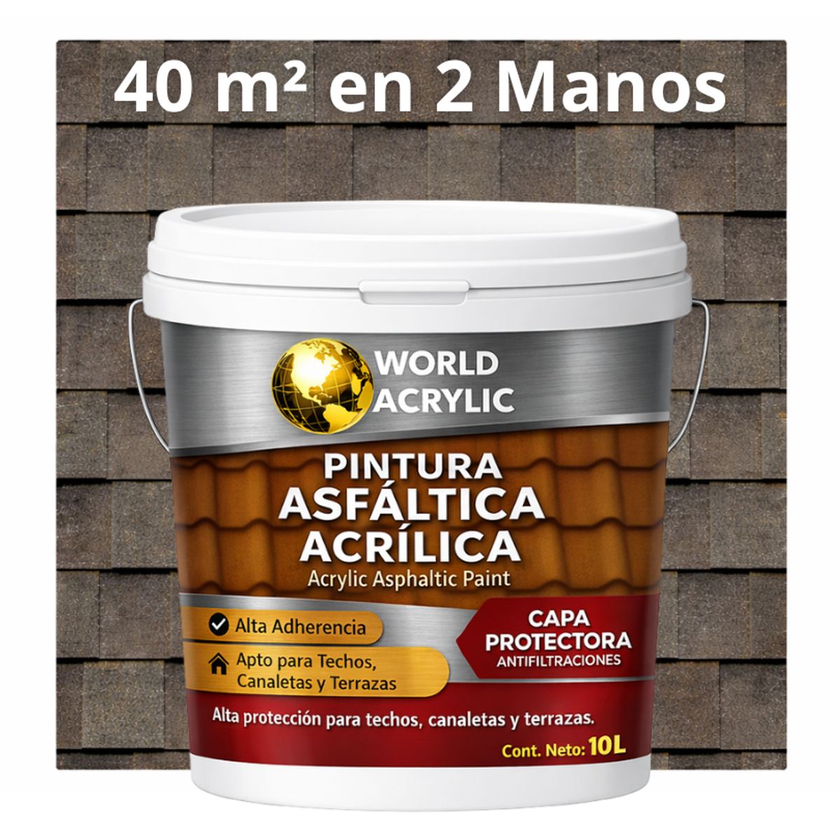 WORLD ACRYLIC - PINTURA - SELLO - IMPERMEABIZANTE - TEJAS ASFALTICA - TINETA 10L GRIS CUARZO