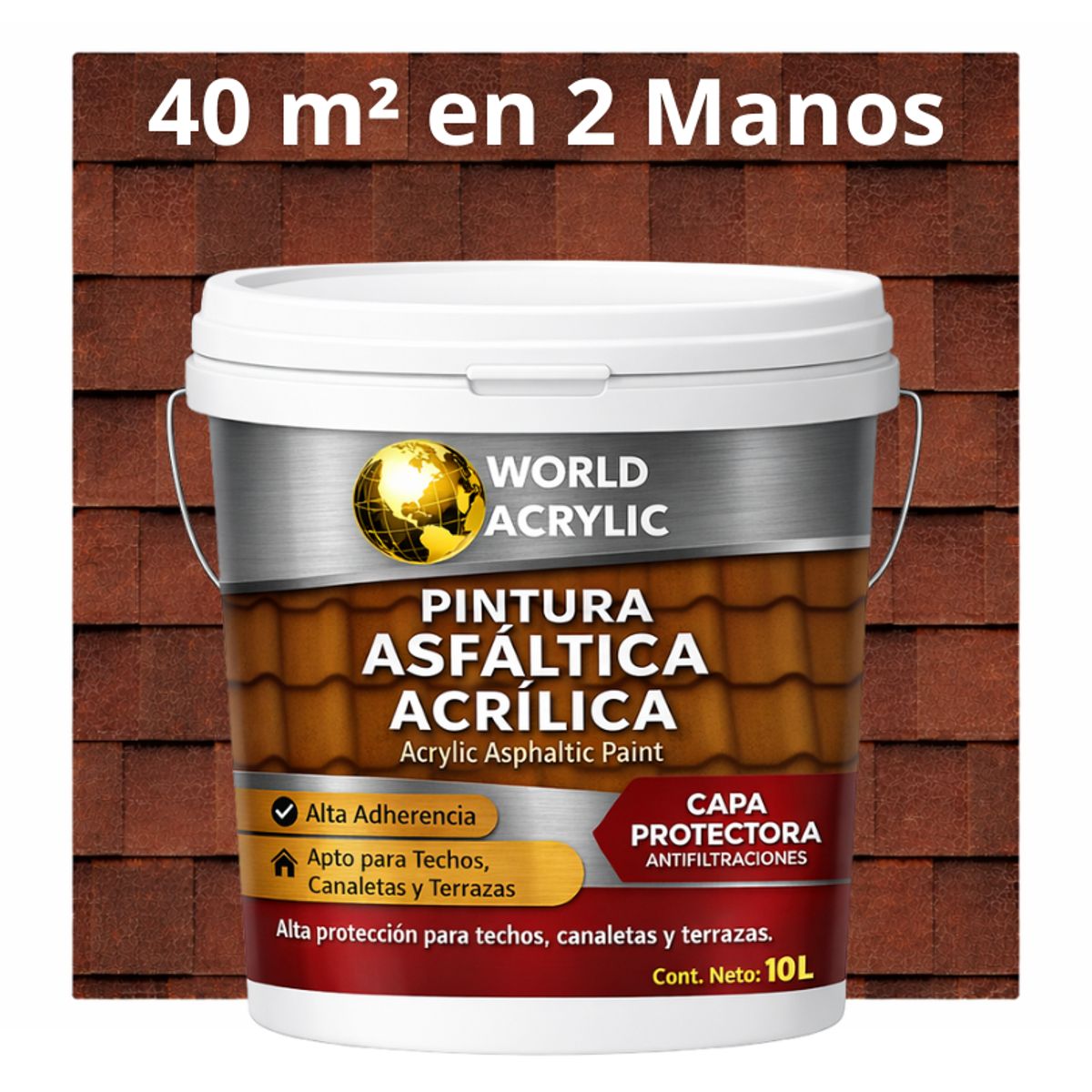 WORLD ACRYLIC - PINTURA - SELLO - IMPERMEABIZANTE - TEJAS ASFALTICA - TINETA 10L MARRON ARCILLA
