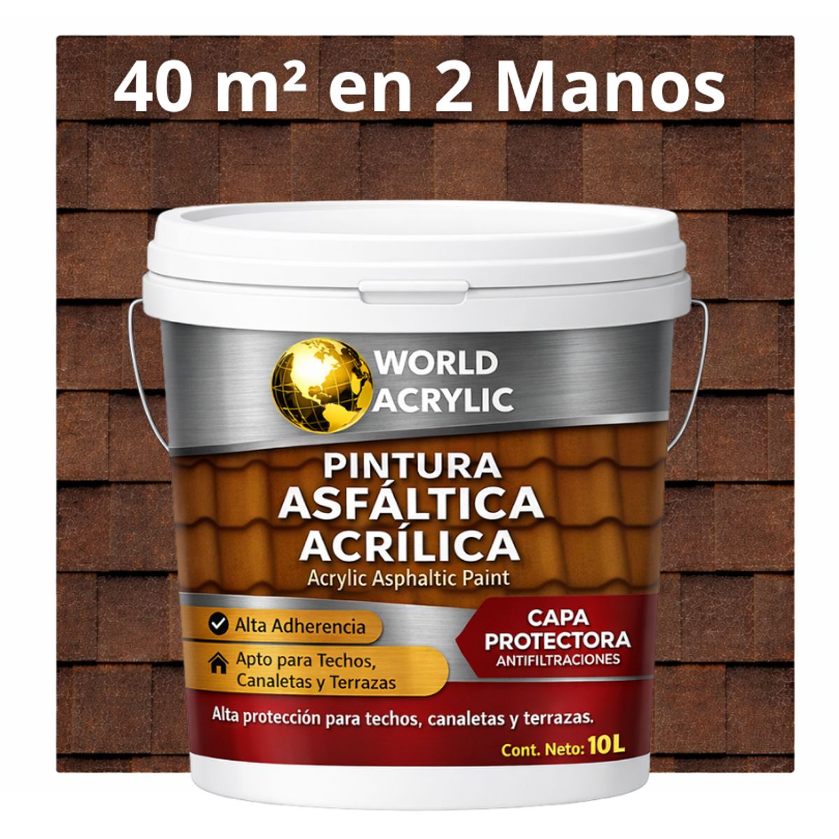 WORLD ACRYLIC - PINTURA - SELLO - IMPERMEABIZANTE - TEJAS ASFALTICA - TINETA 10L MARRON CHOCOLATE