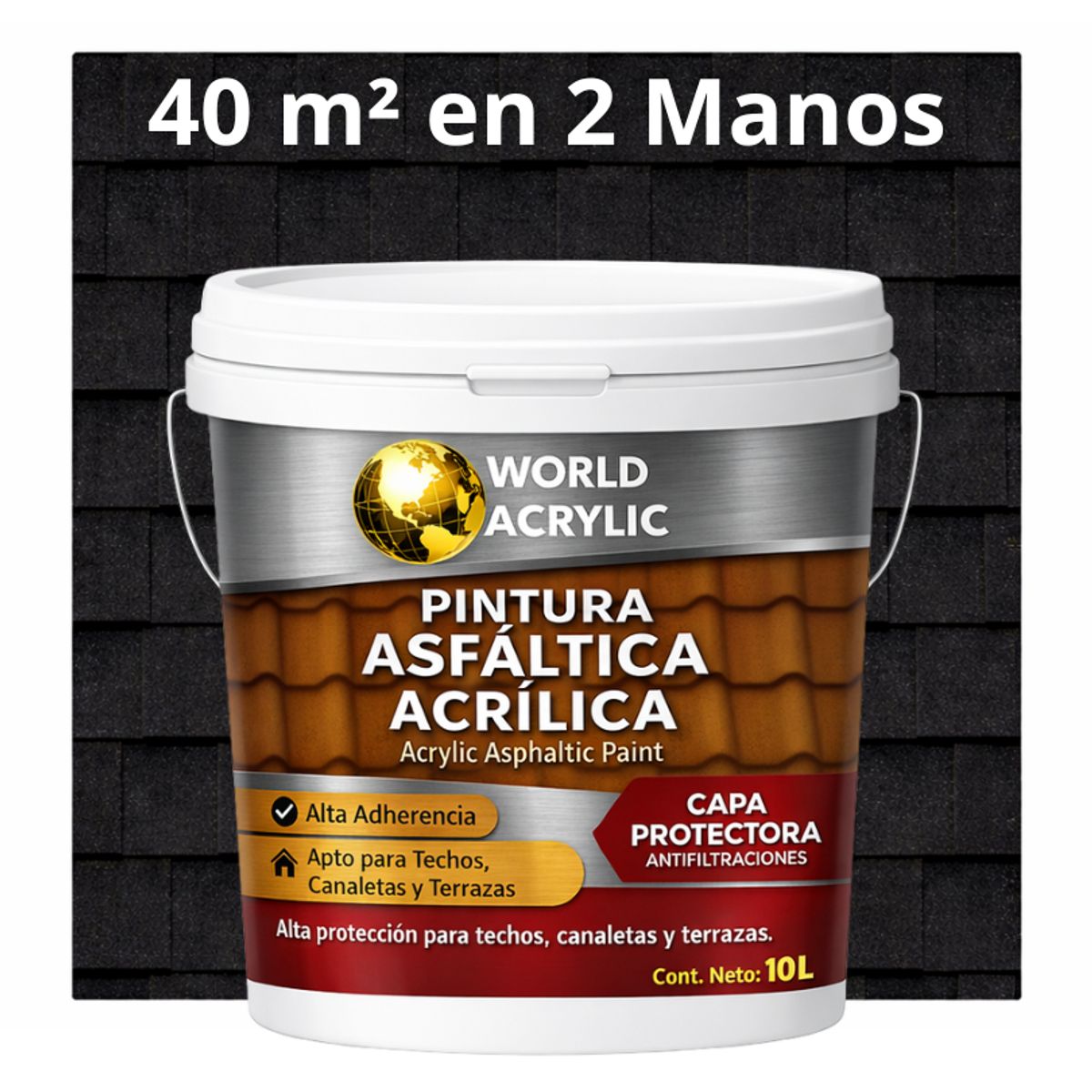 WORLD ACRYLIC - PINTURA - SELLO - IMPERMEABIZANTE - TEJAS ASFALTICA - TINETA 10L NEGRO SEÑAL