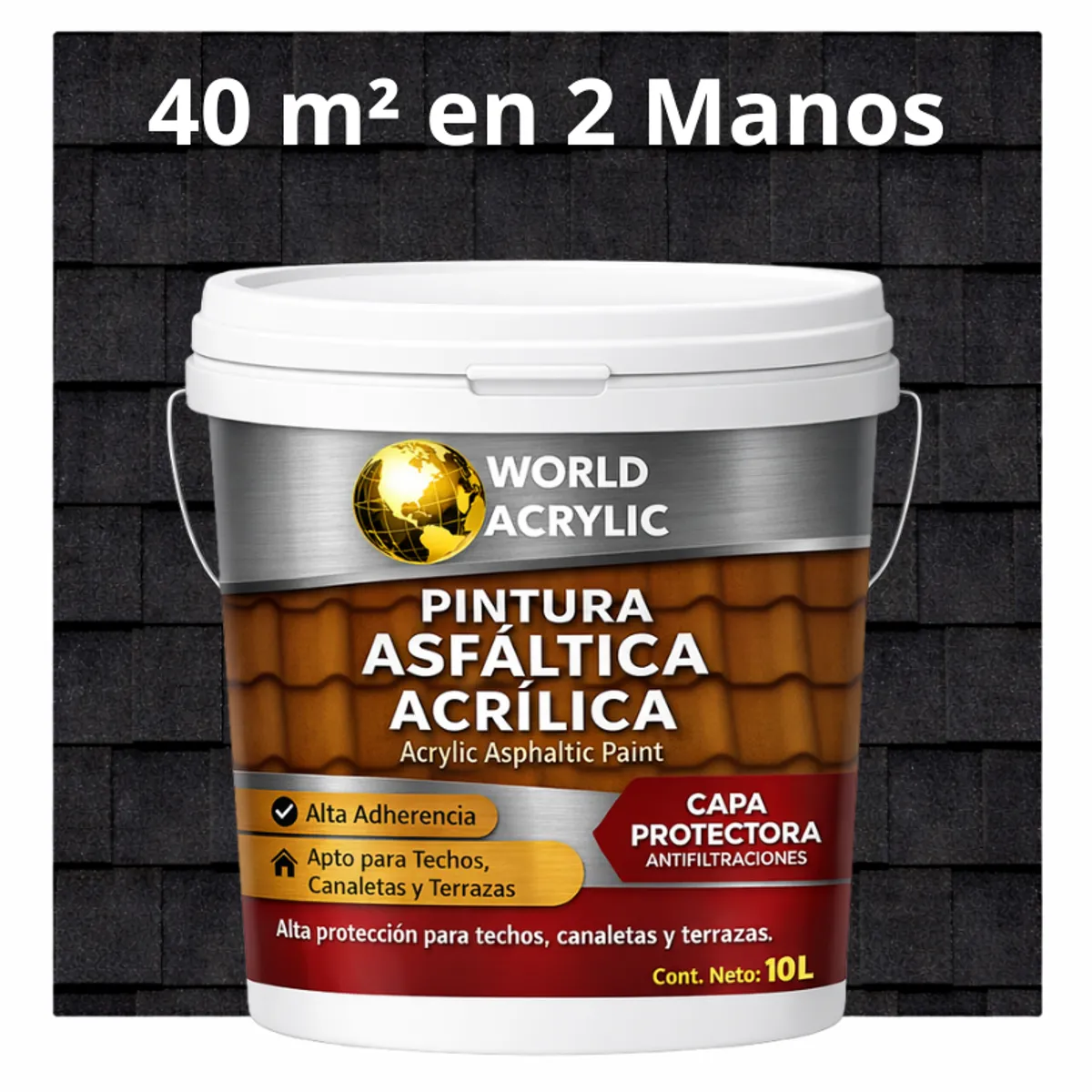 WORLD ACRYLIC - PINTURA - SELLO - IMPERMEABIZANTE - TEJAS ASFALTICA - TINETA 10L NEGRO INTENSO