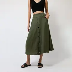 NATALIA SEGUEL - Falda Lino Verde Musgo Botones - Diseño Chileno