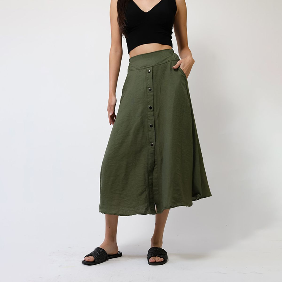 NATALIA SEGUEL - Falda Lino Verde Musgo Botones - Diseño Chileno  Natalia Seguel