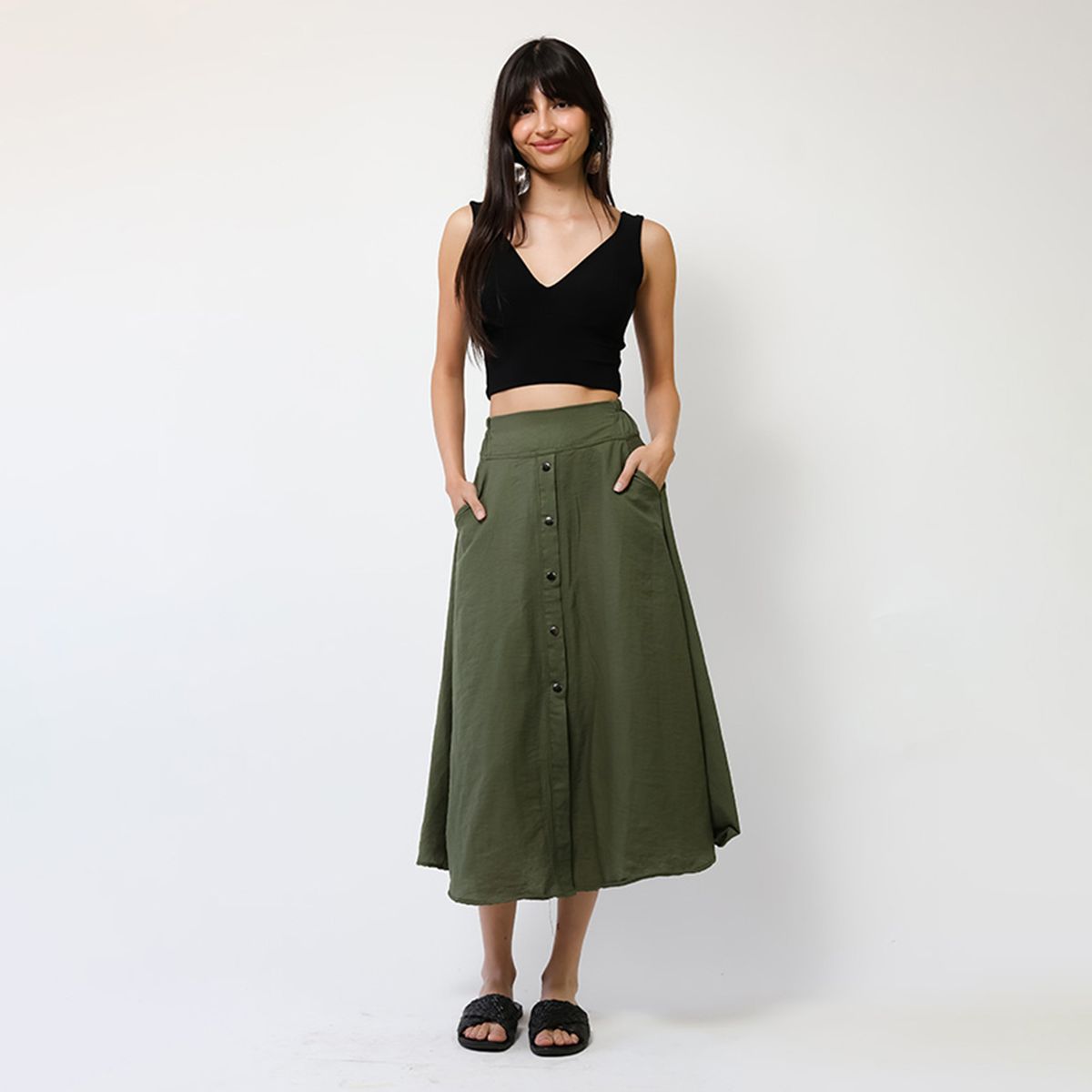 NATALIA SEGUEL - Falda Lino Verde Musgo Botones - Diseño Chileno  Natalia Seguel