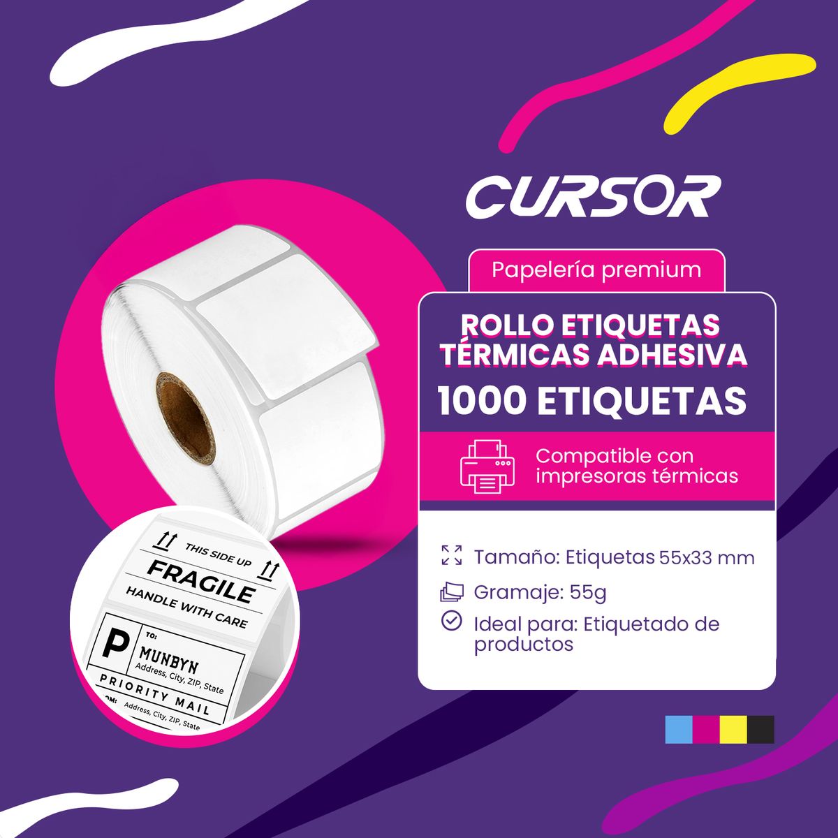Rollo Etiqueta Térmicas Adhesivas 55x33mm 1000 Pzs Cursor Blanco, marca CURSOR - Foto 2