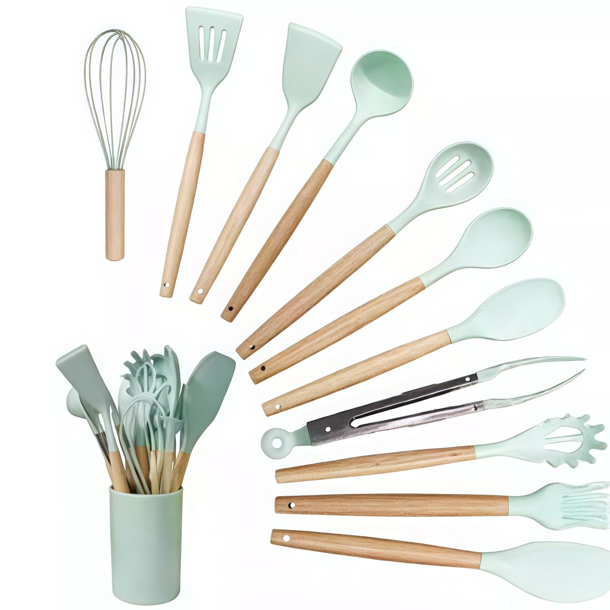 GENERICO - Utensilios Set De Cocina 12 Piezas Silicona Mango De Madera Verde