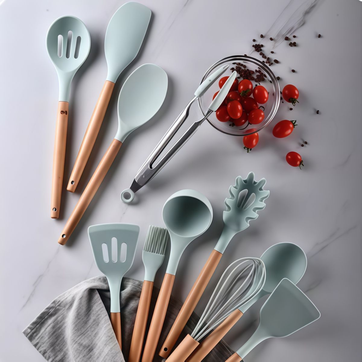GENERICO - Utensilios Set De Cocina 12 Piezas Silicona Mango De Madera Verde