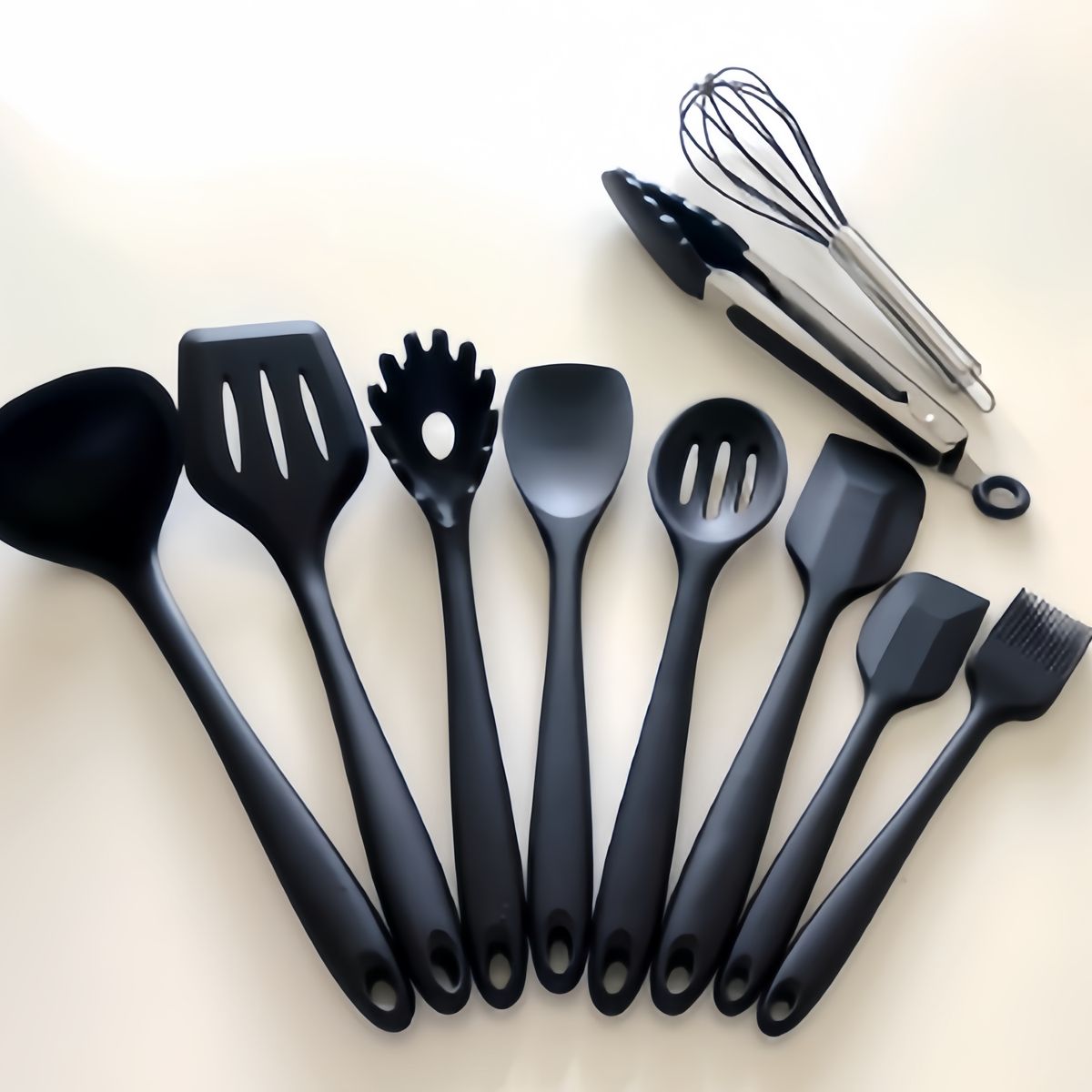 GENERICO - Set 10 Utensilios De Silicona Antiadherentes Cocina Espatula Negro