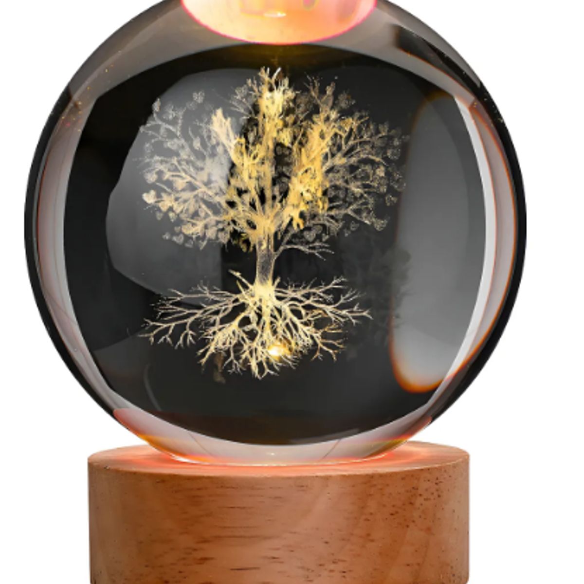 GENERICO - Lámpara De Mesa Esfera Cristal Luz Led 3d Árbol De La Vida Estructura Madera Pantalla Transparente