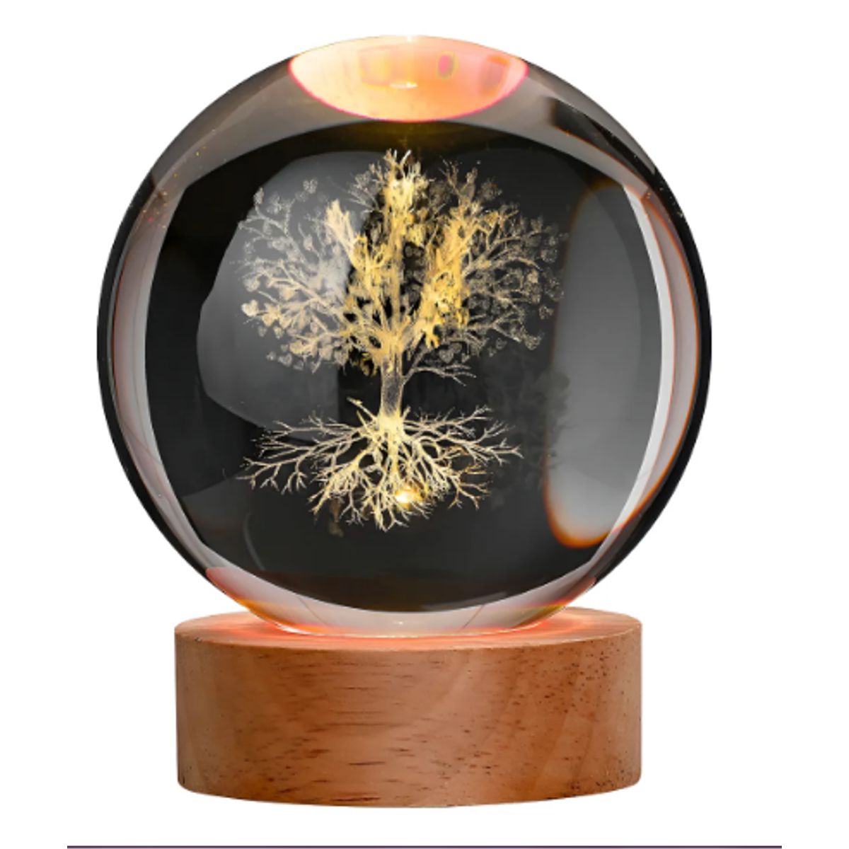 GENERICO - Lámpara De Mesa Esfera Cristal Luz Led 3d Árbol De La Vida Estructura Madera Pantalla Transparente