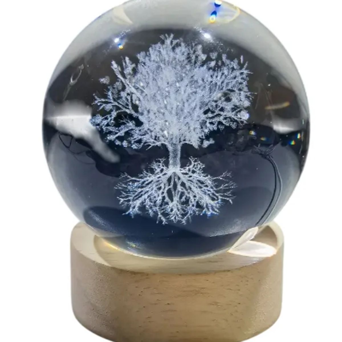 GENERICO - Lámpara De Mesa Esfera Cristal Luz Led 3d Árbol De La Vida Estructura Madera Pantalla Transparente