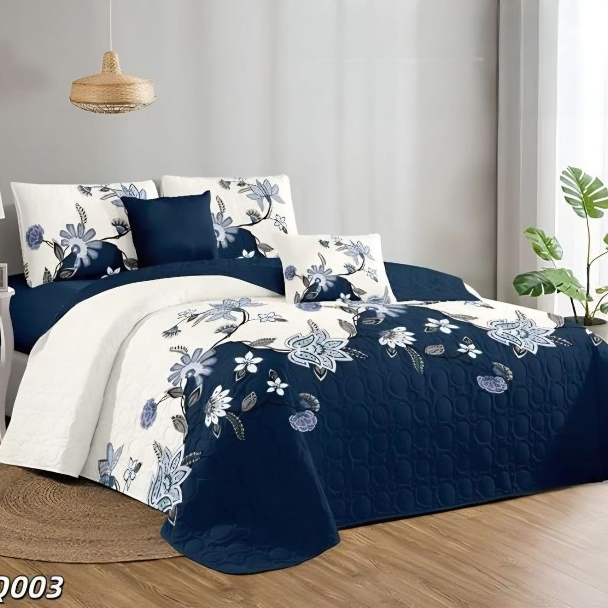 GENERICO - Juego de Sabanas 2 plazas + Fundas para Almohada - Diseño Azul Marino Flores