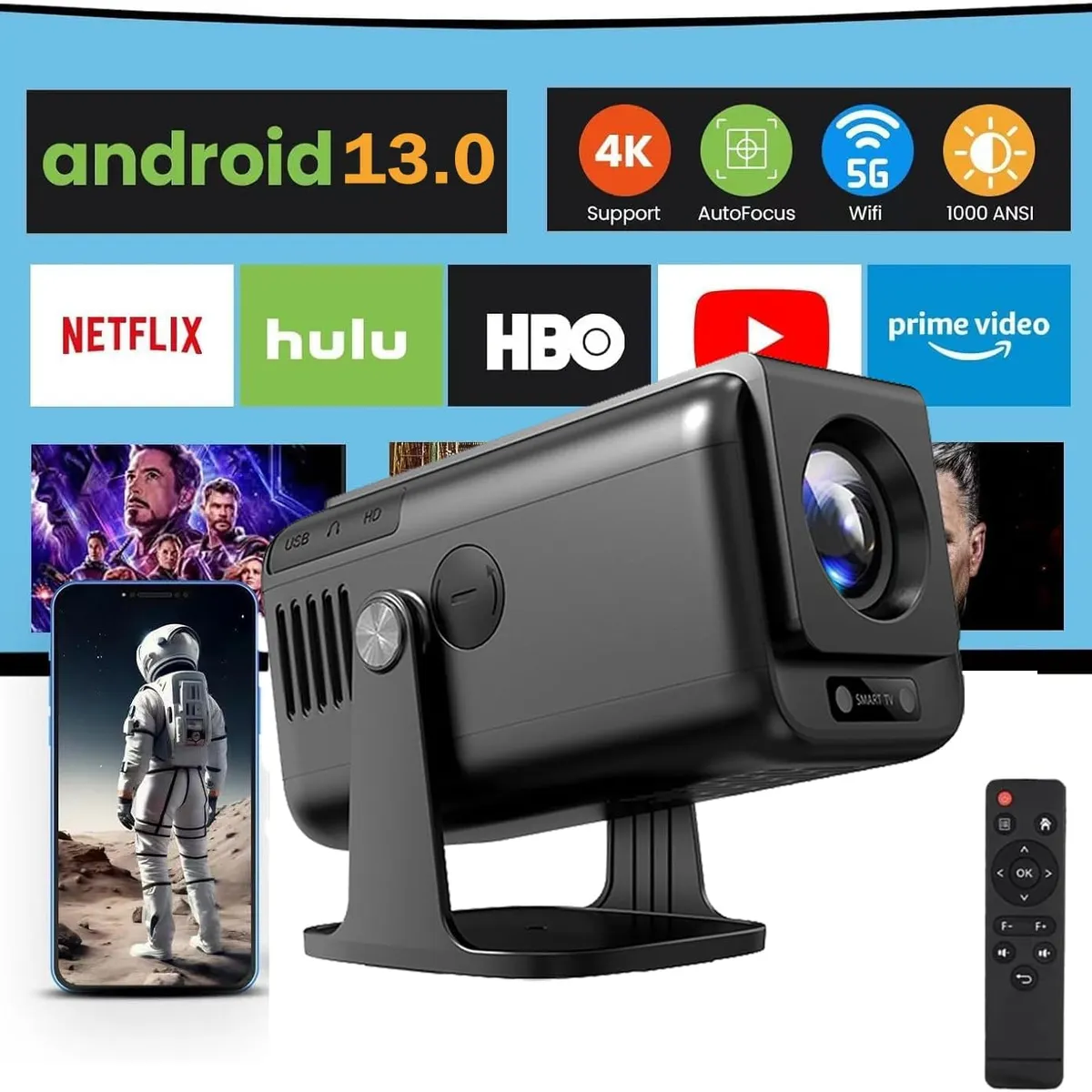 BLUEDREAMER - Mini proyector con WiFi y Bluetooth proyector portátil 1080P para el hogar