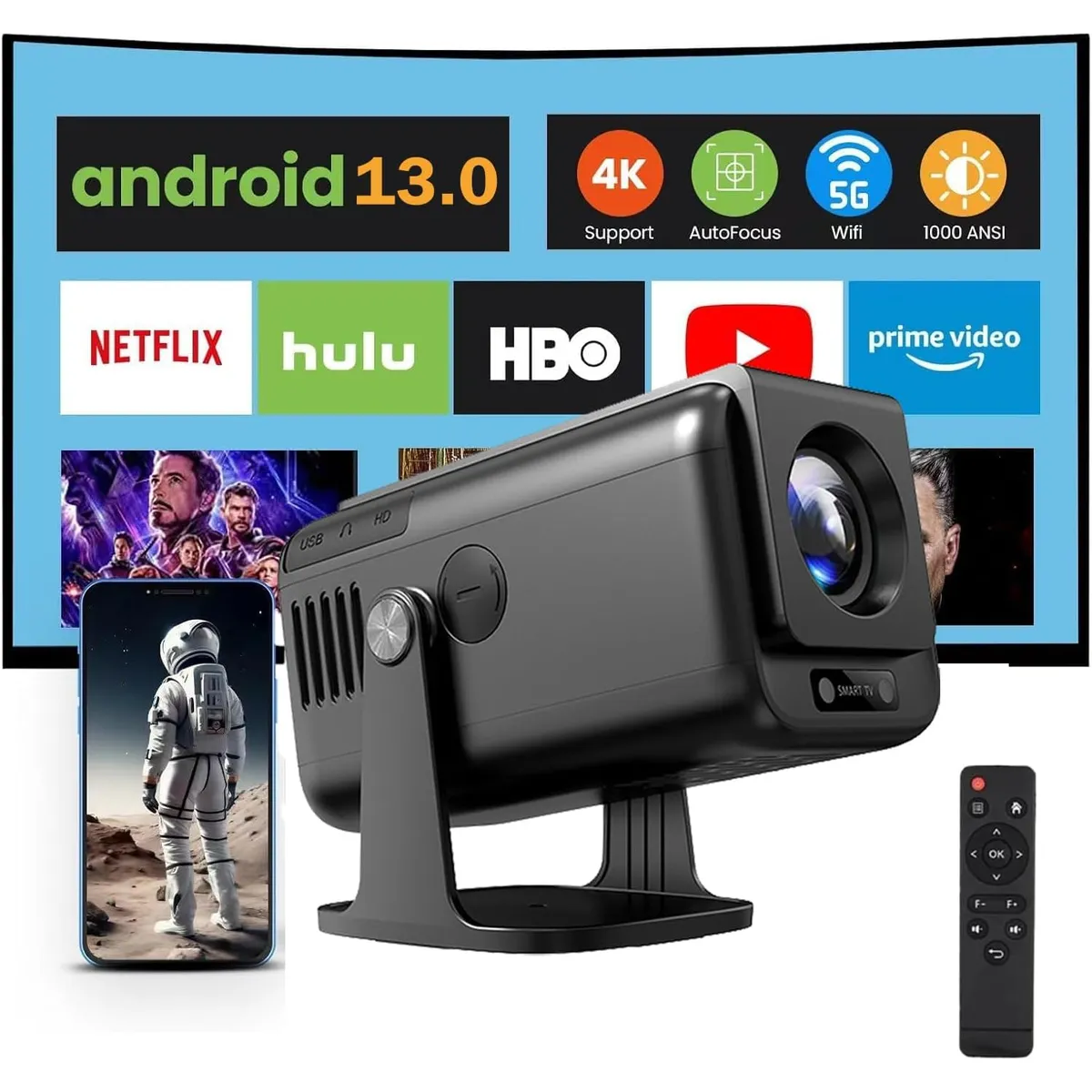 BLUEDREAMER - Mini proyector con WiFi y Bluetooth proyector portátil 1080P para el hogar