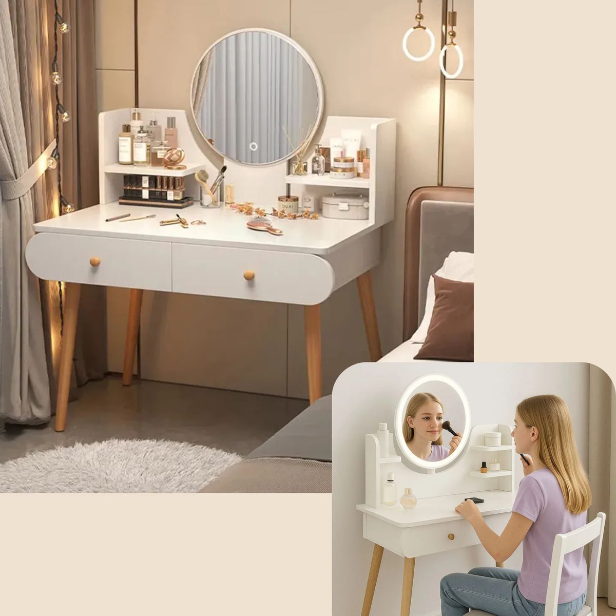 MOVI - Tocador Moderno con Luz Led +2 Cajones + Asiento - Iluminación y Comodidad para Tu rutina de Belleza