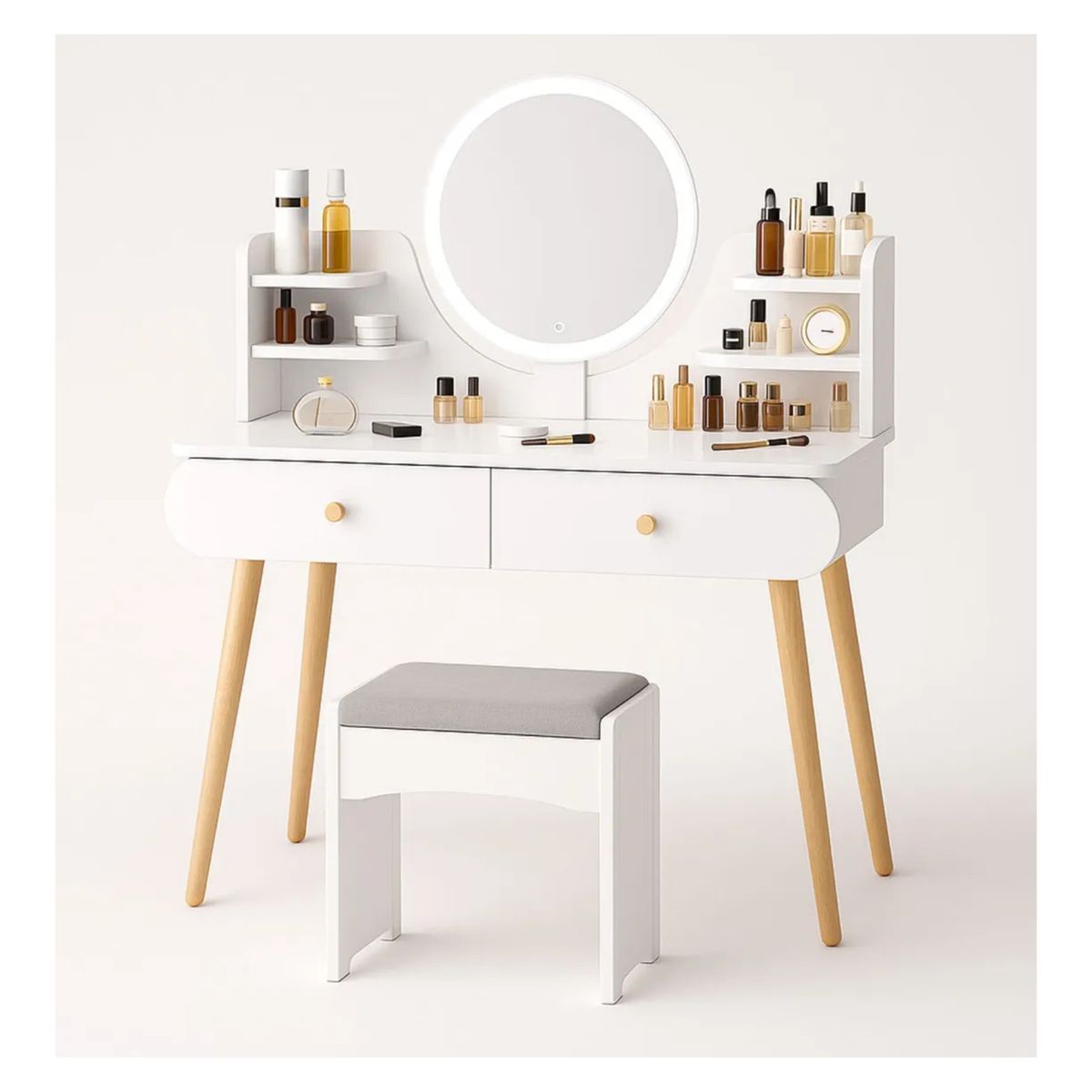 MOVI - Tocador Moderno con Luz Led +2 Cajones + Asiento - Iluminación y Comodidad para Tu rutina de Belleza