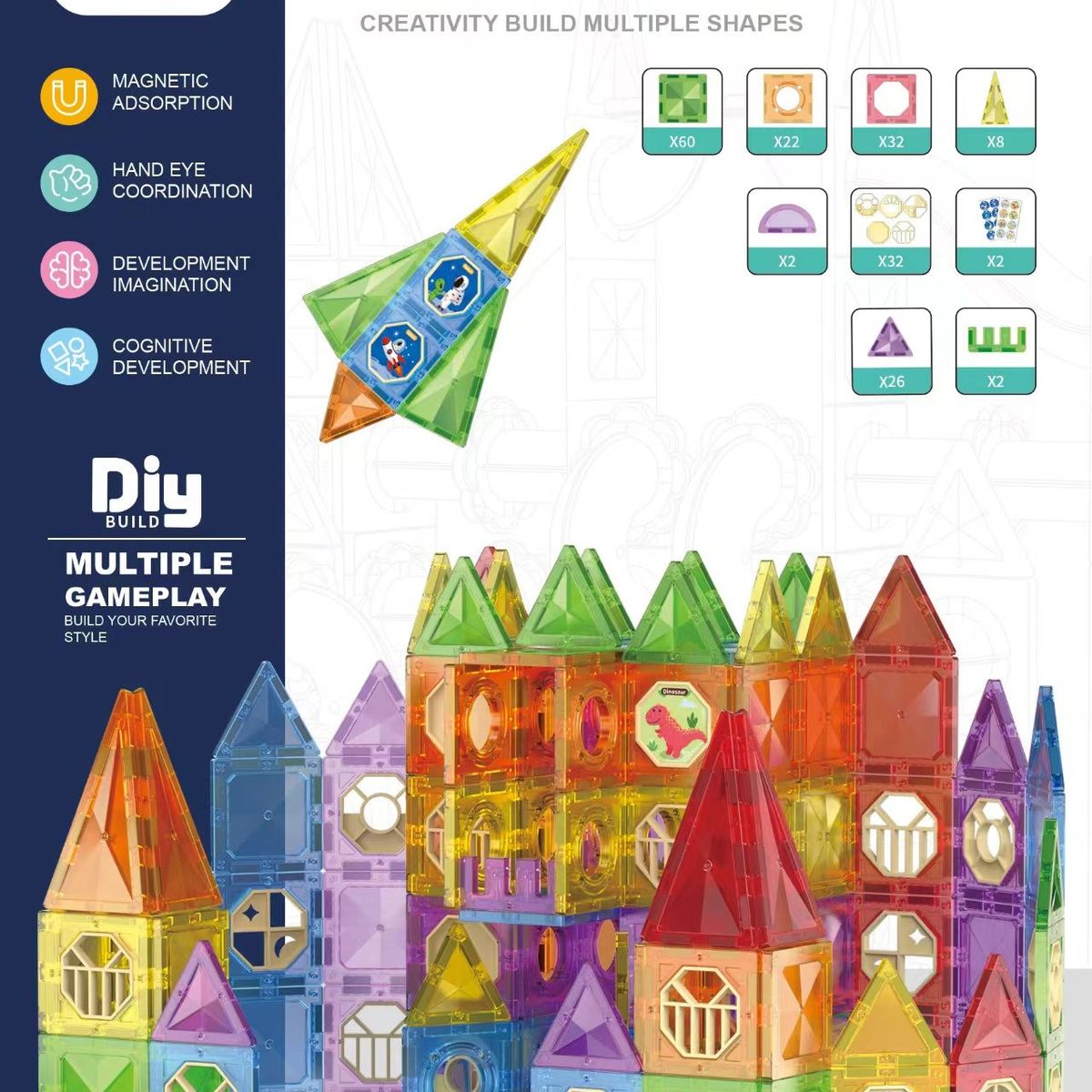 GENERICO - Bloques Magnéticos Educativos 186 Piezas Juego de Construcción Gigante