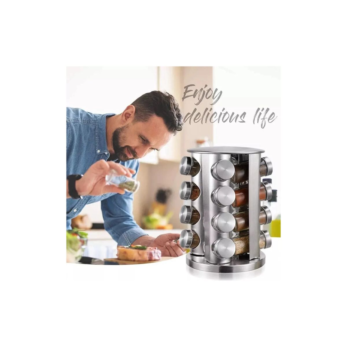 GENERICO - Especiero Giratorio Condimentero Acero Inoxidable 16 Frascos Plateado