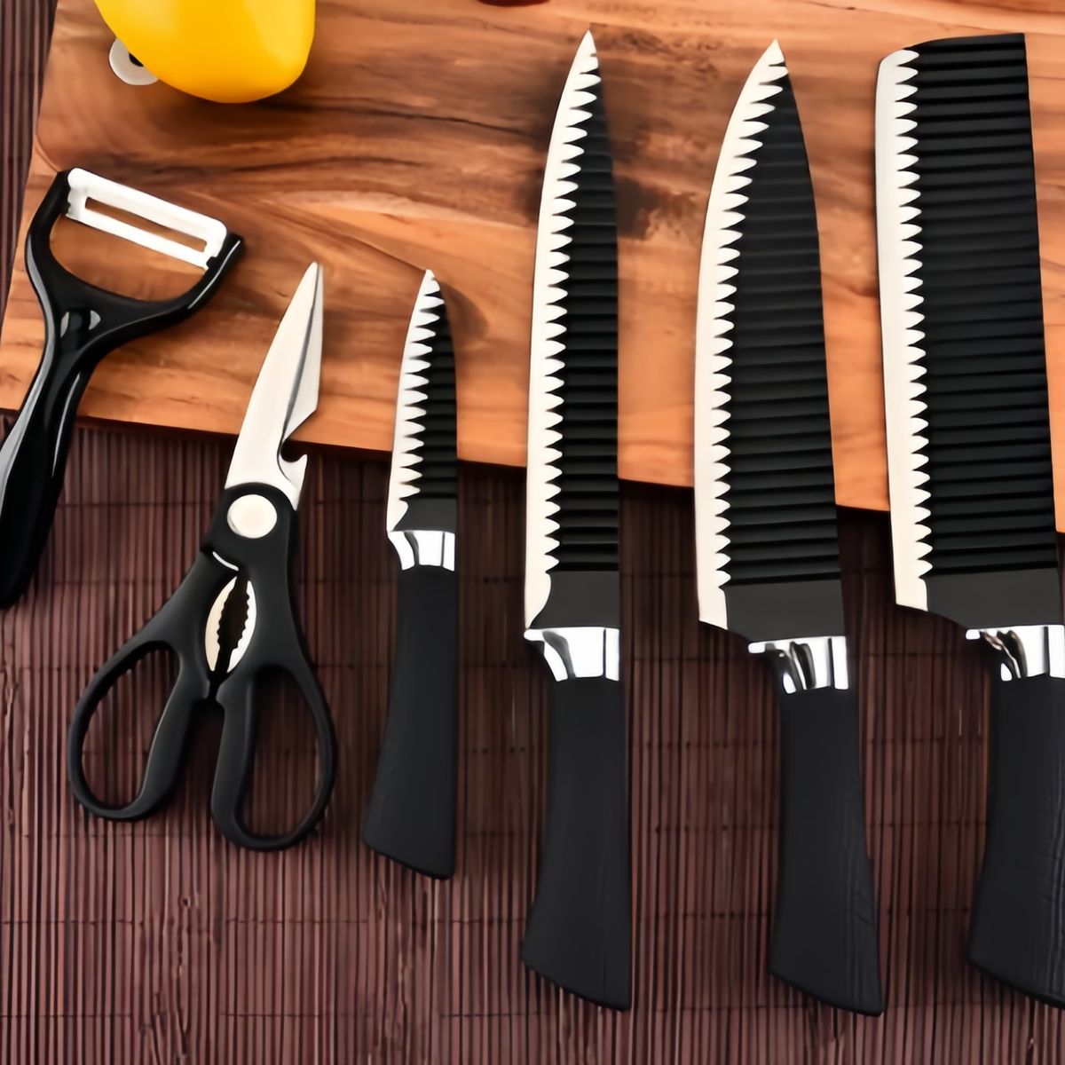 GENERICO - Set de Cuchillos de Cocina Prof. - 6 Piezas + Pelador y Tijeras Negro