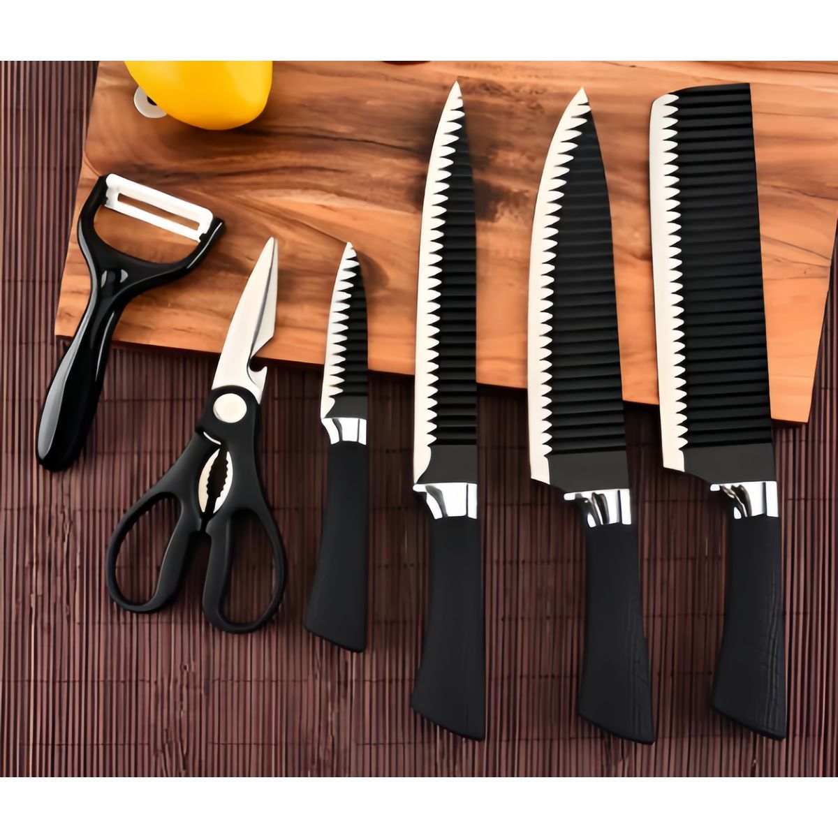 GENERICO - Set de Cuchillos de Cocina Prof. - 6 Piezas + Pelador y Tijeras Negro