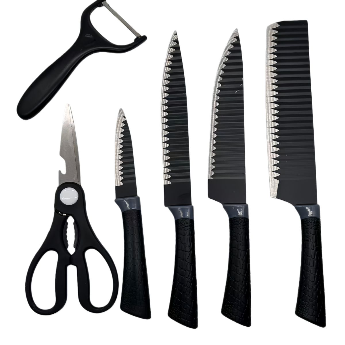GENERICO - Set de Cuchillos de Cocina Prof. - 6 Piezas + Pelador y Tijeras Negro
