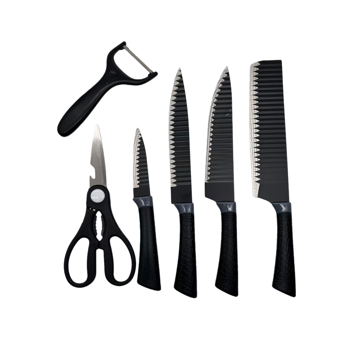 GENERICO - Set de Cuchillos de Cocina Prof. - 6 Piezas + Pelador y Tijeras Negro