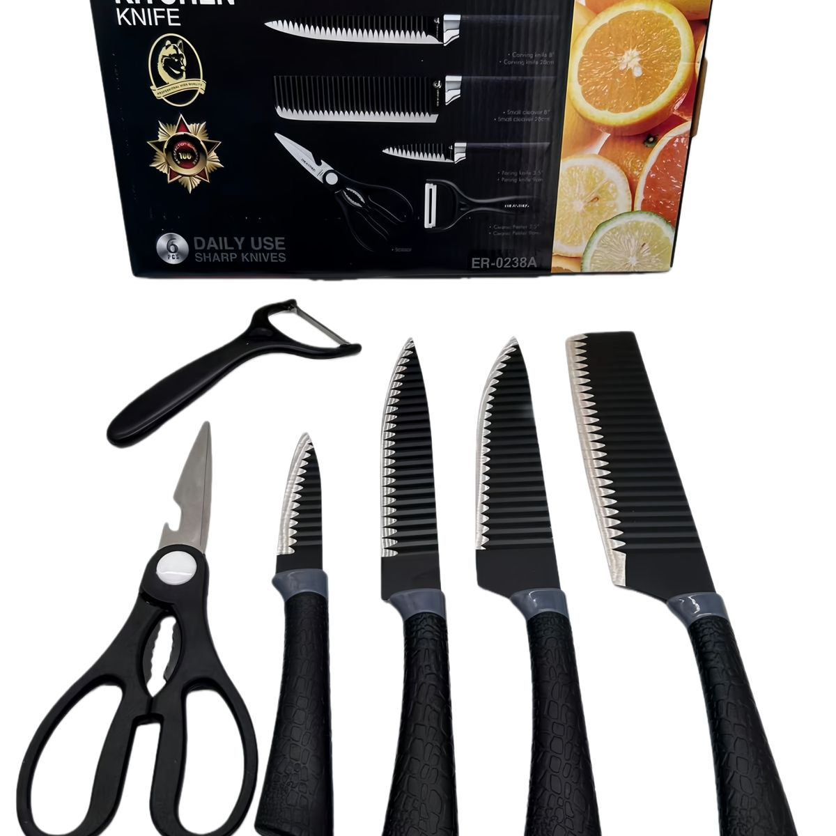 GENERICO - Set de Cuchillos de Cocina Prof. - 6 Piezas + Pelador y Tijeras Negro