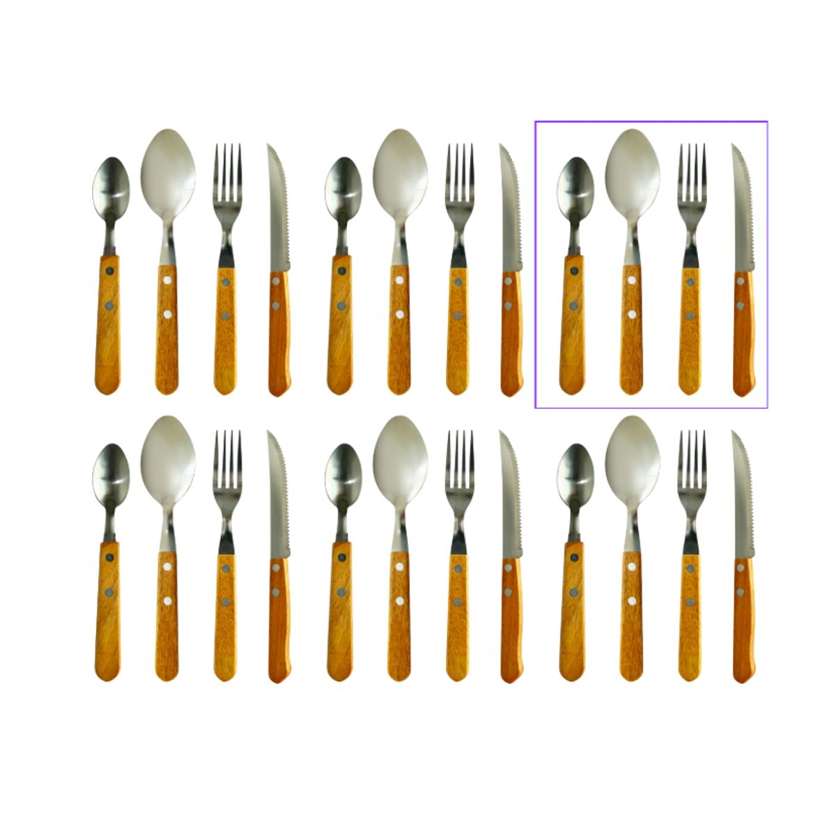 GENERICO - Set 24 Cubiertos Mango Madera Cuchara Tenedor Cuchillo Postre