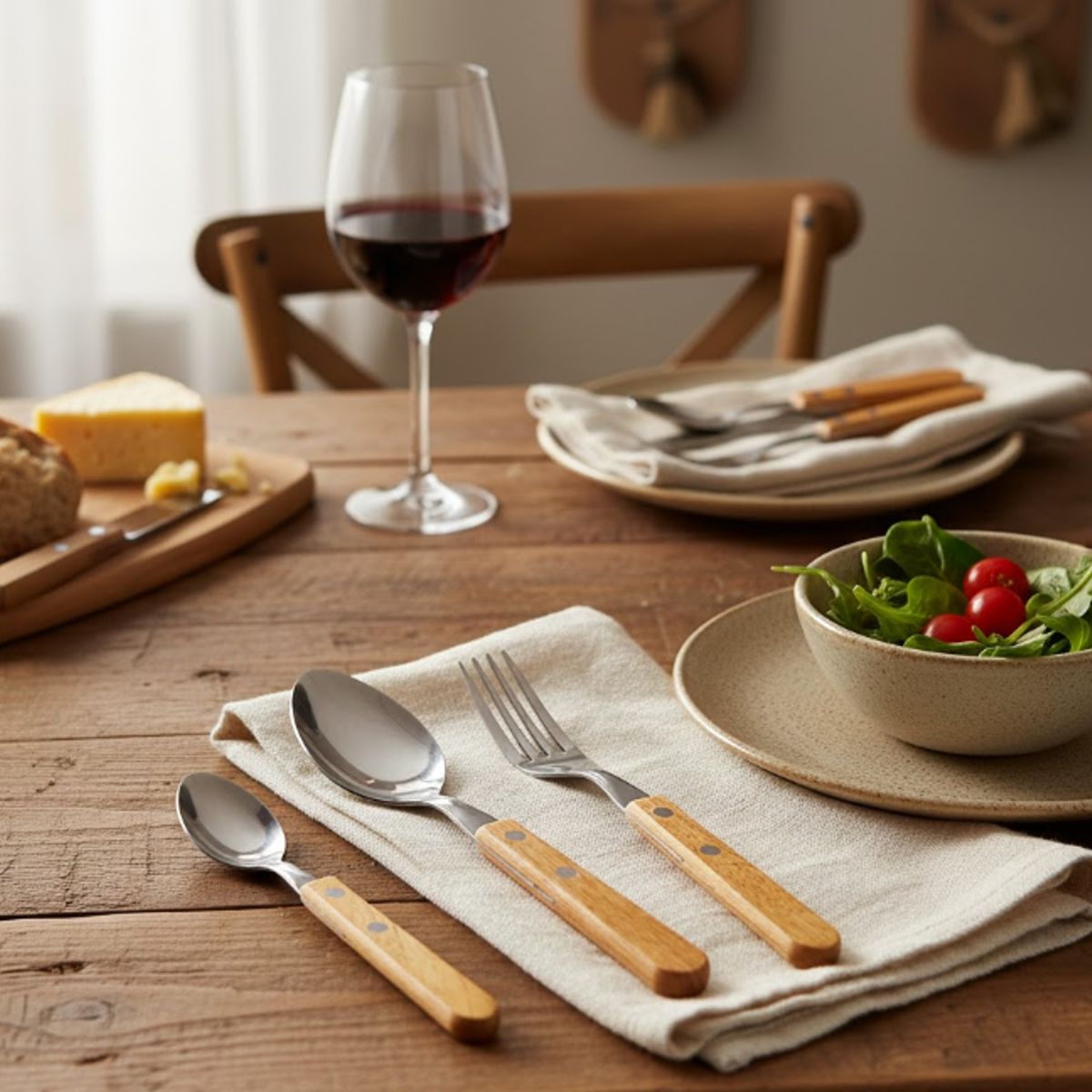 GENERICO - Set 24 Cubiertos Mango Madera Cuchara Tenedor Cuchillo Postre