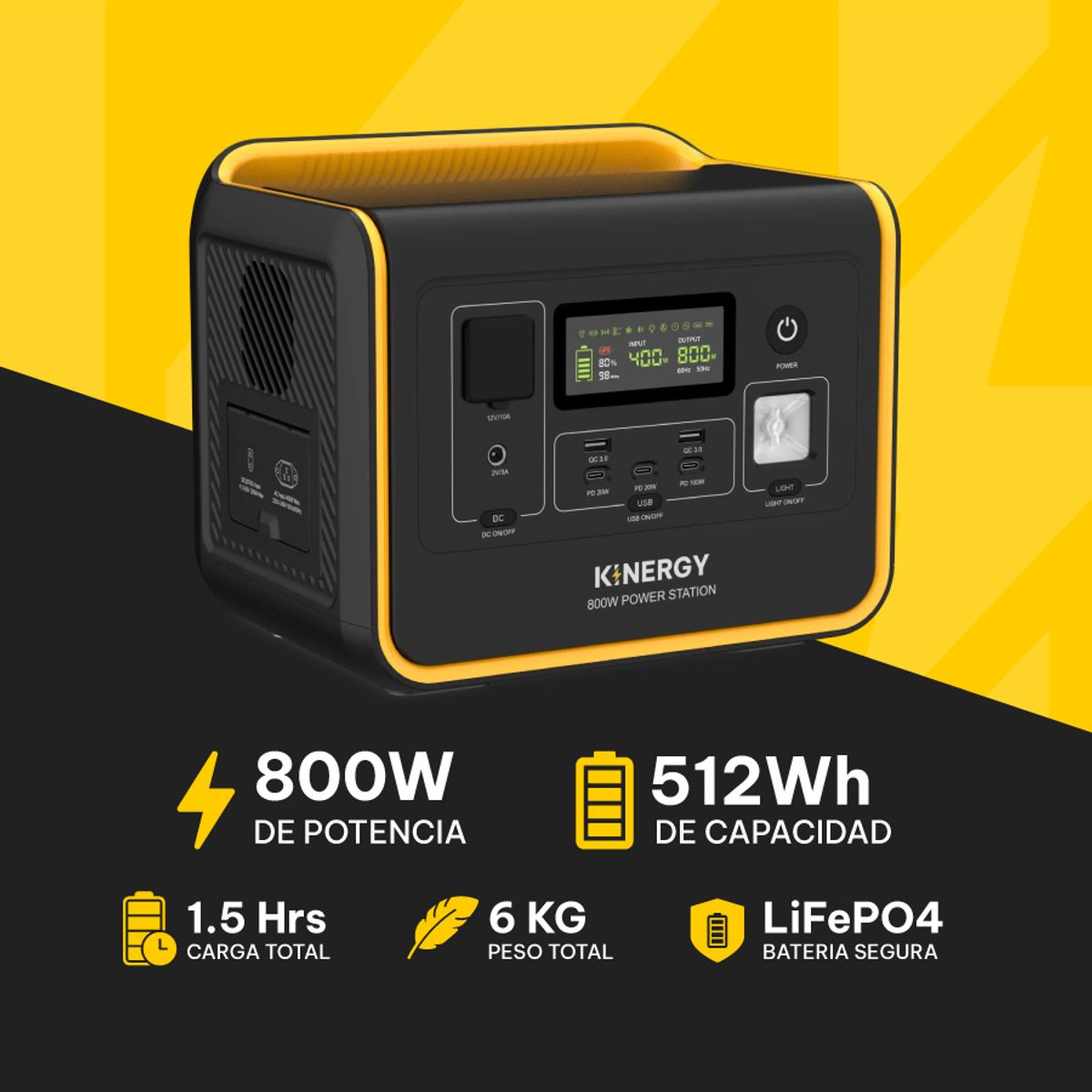 GENERICO - Generador Estación de Energía Portátil Solar Kinergy 800W 512Wh
