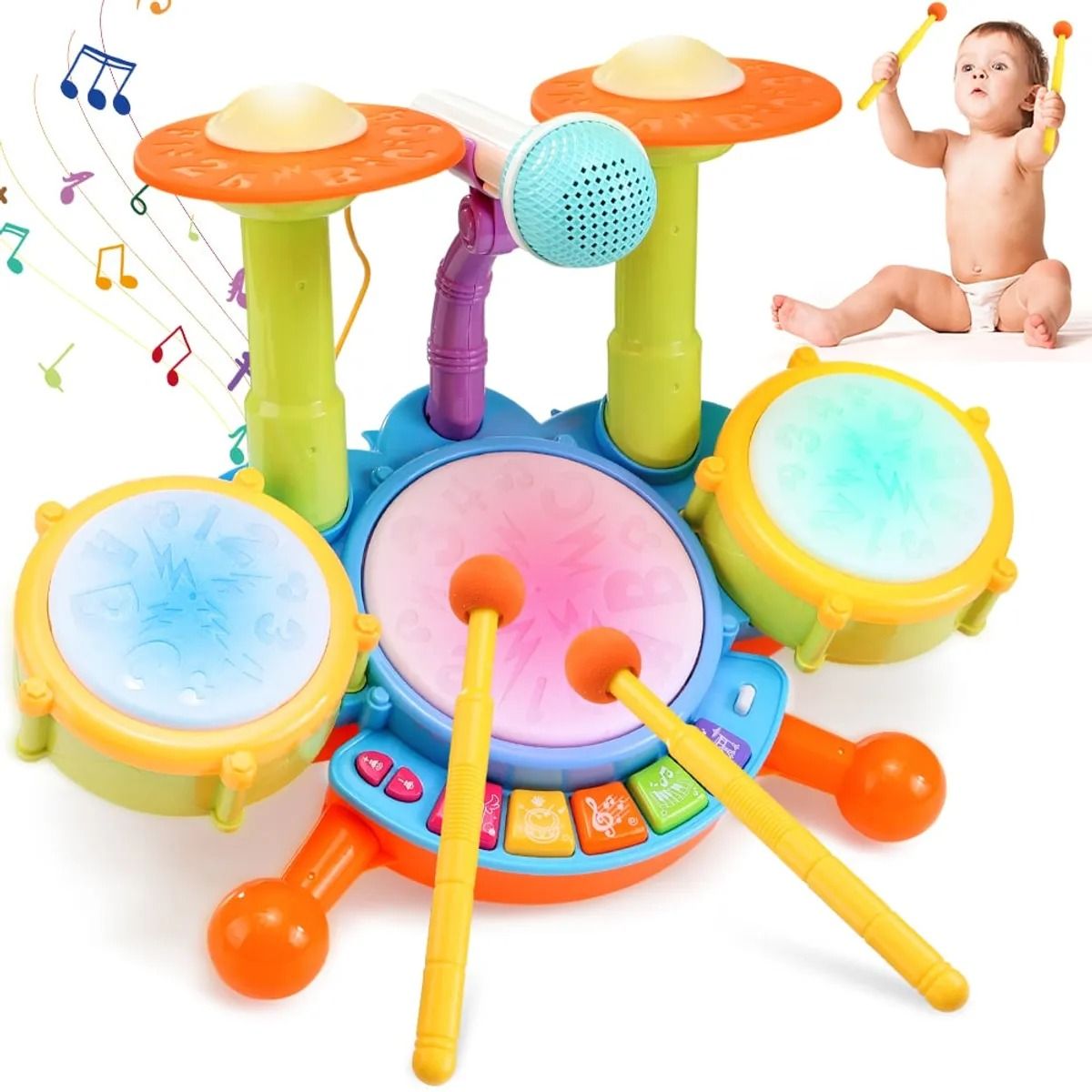 TOYUN TOYUN - Juguete Batería Musical Niño Baqueta Platillo Micrófono 5en1