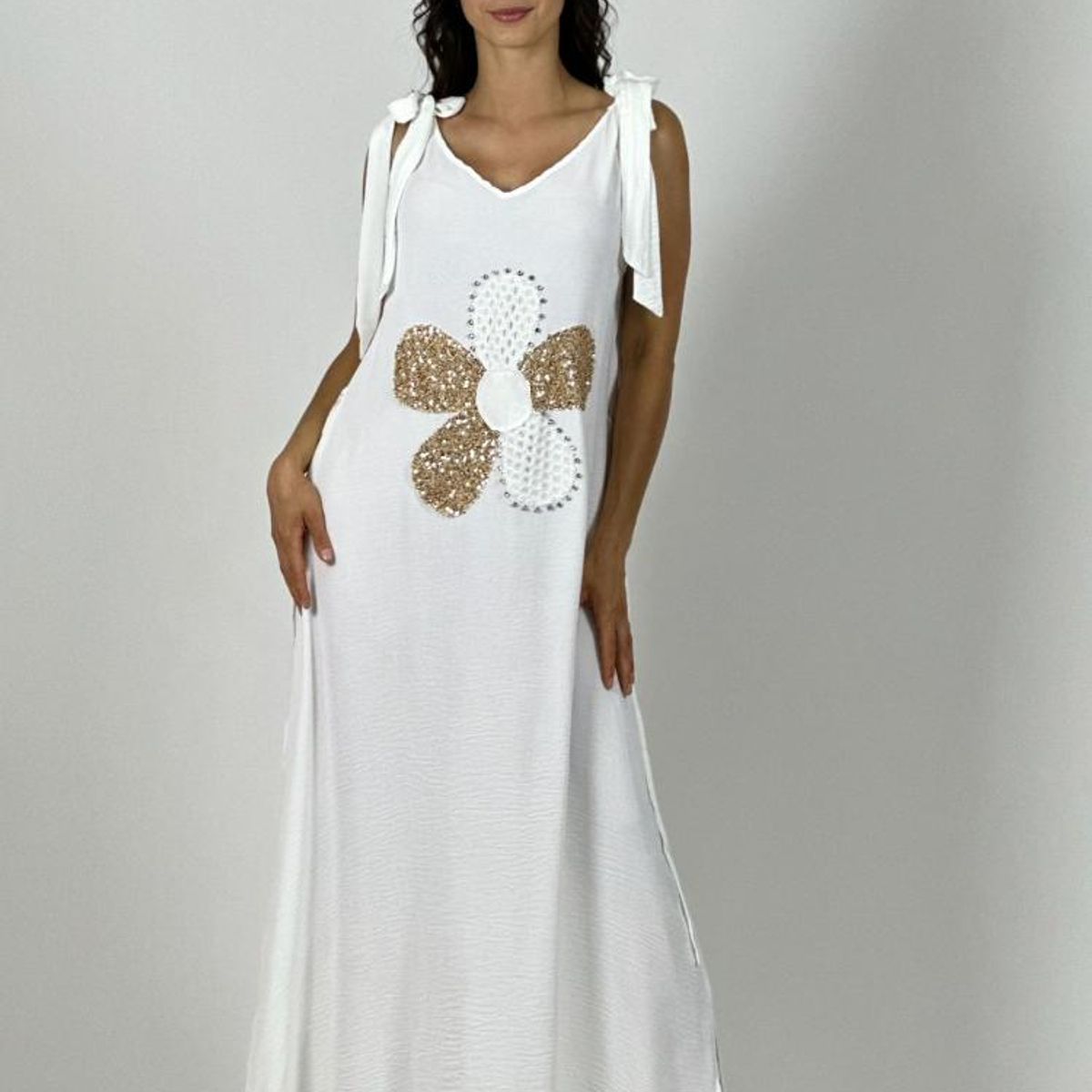 ENIGMATICA BOUTIQUE - Vestido Lino Flor Brillos