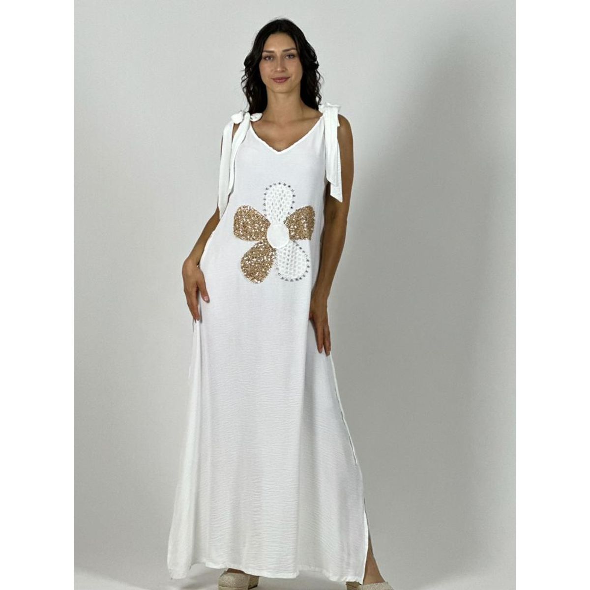 ENIGMATICA BOUTIQUE - Vestido Lino Flor Brillos