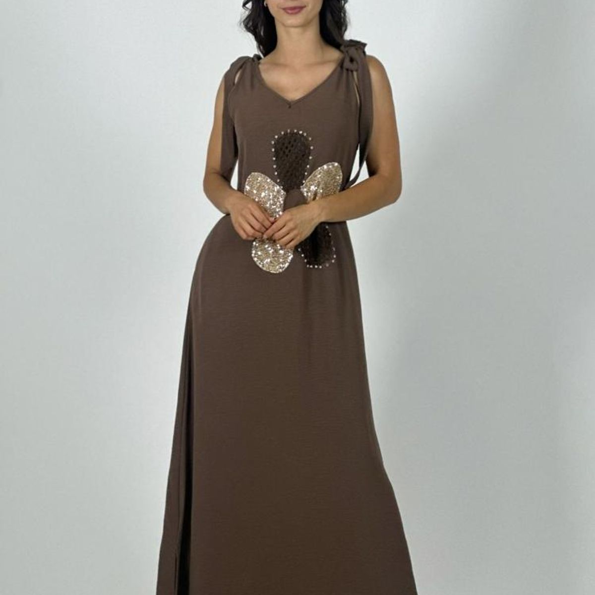 ENIGMATICA BOUTIQUE - Vestido Lino Flor Brillos