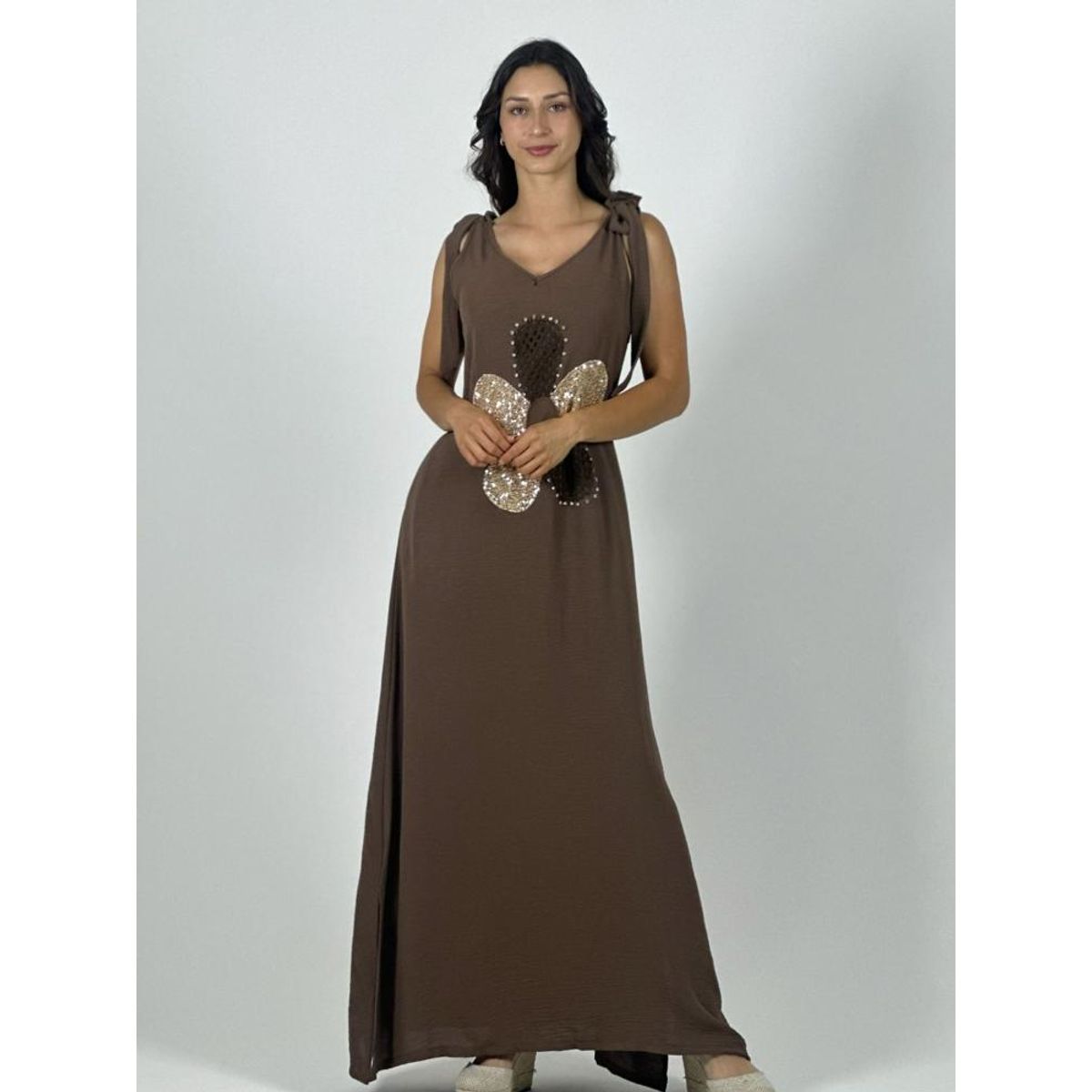 ENIGMATICA BOUTIQUE - Vestido Lino Flor Brillos