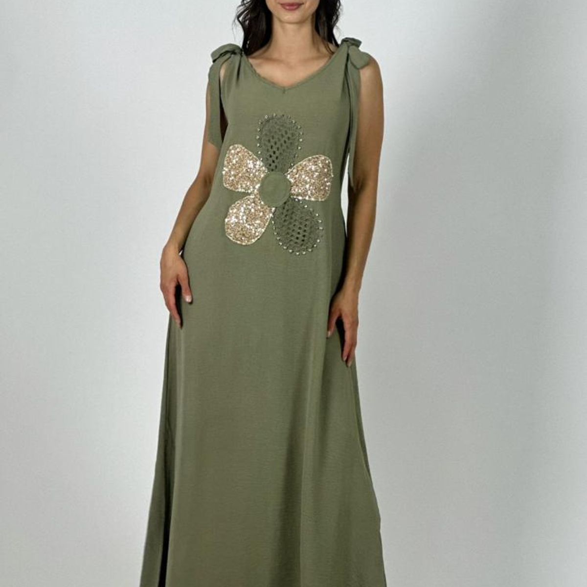 ENIGMATICA BOUTIQUE - Vestido Lino Flor Brillos