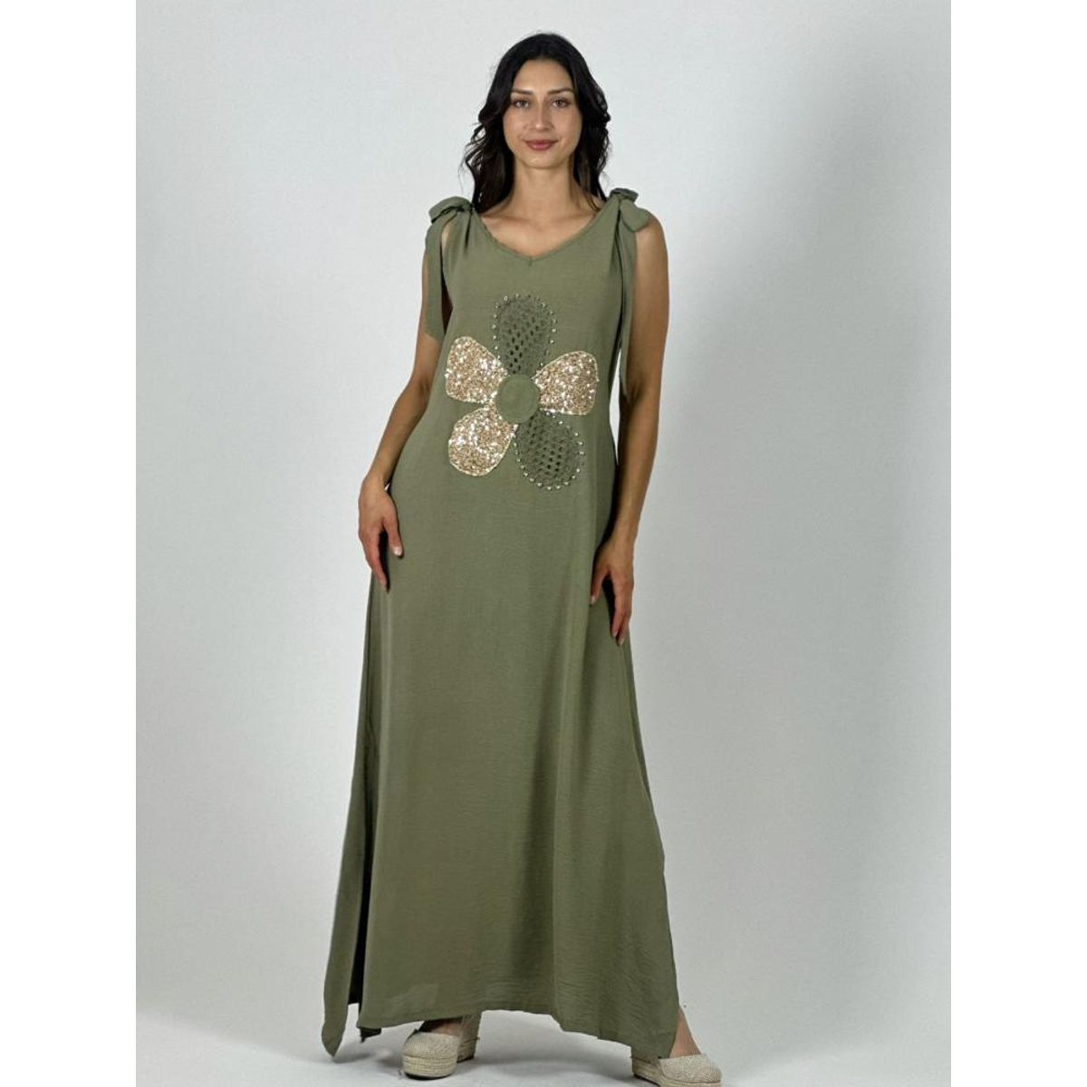 ENIGMATICA BOUTIQUE - Vestido Lino Flor Brillos