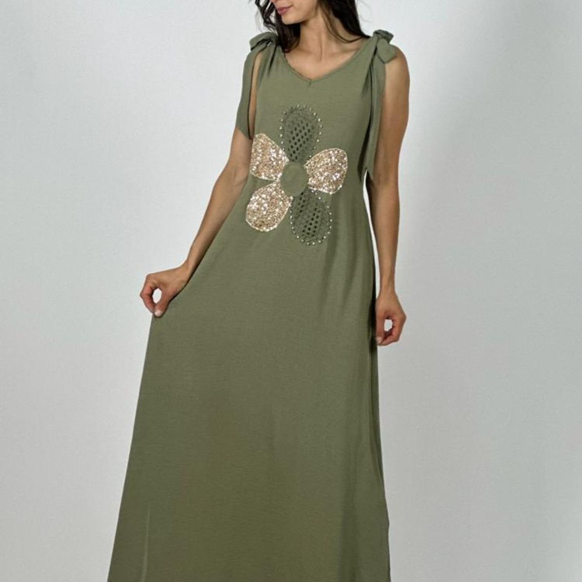 ENIGMATICA BOUTIQUE - Vestido Lino Flor Brillos
