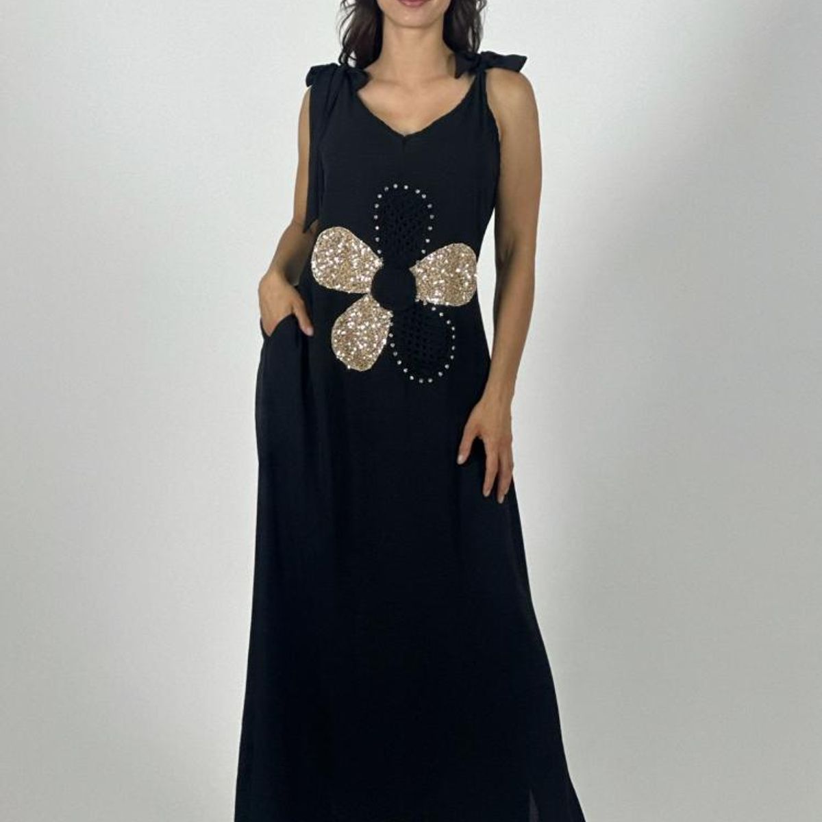 ENIGMATICA BOUTIQUE - Vestido Lino Flor Brillos