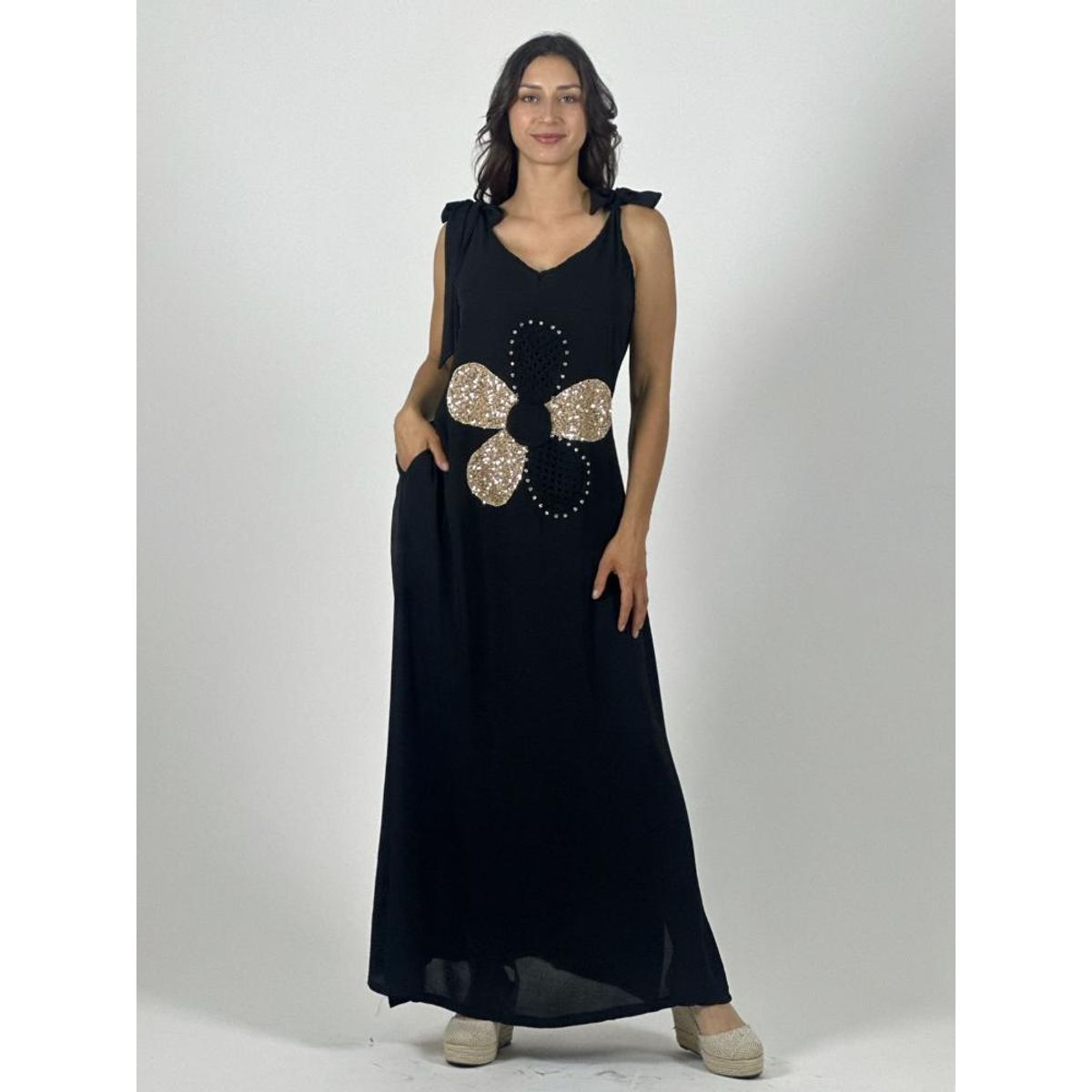 ENIGMATICA BOUTIQUE - Vestido Lino Flor Brillos