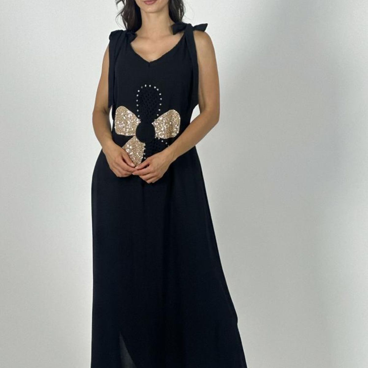ENIGMATICA BOUTIQUE - Vestido Lino Flor Brillos