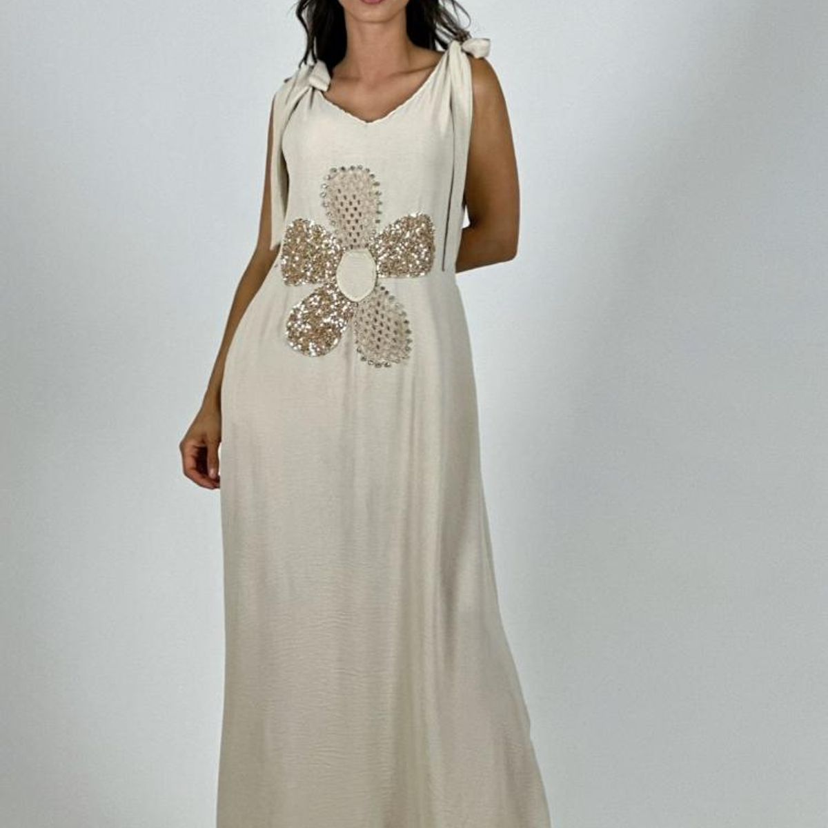 ENIGMATICA BOUTIQUE - Vestido Lino Flor Brillos