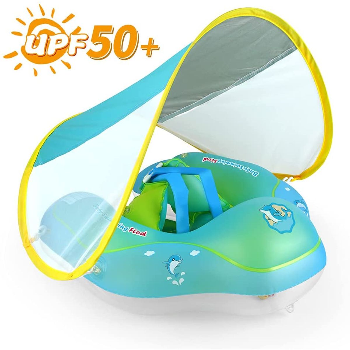 PUREPOWER - Flotador Inflable para Niños con Asiento de Seguridad y Toldo Solar Desmontable-verde