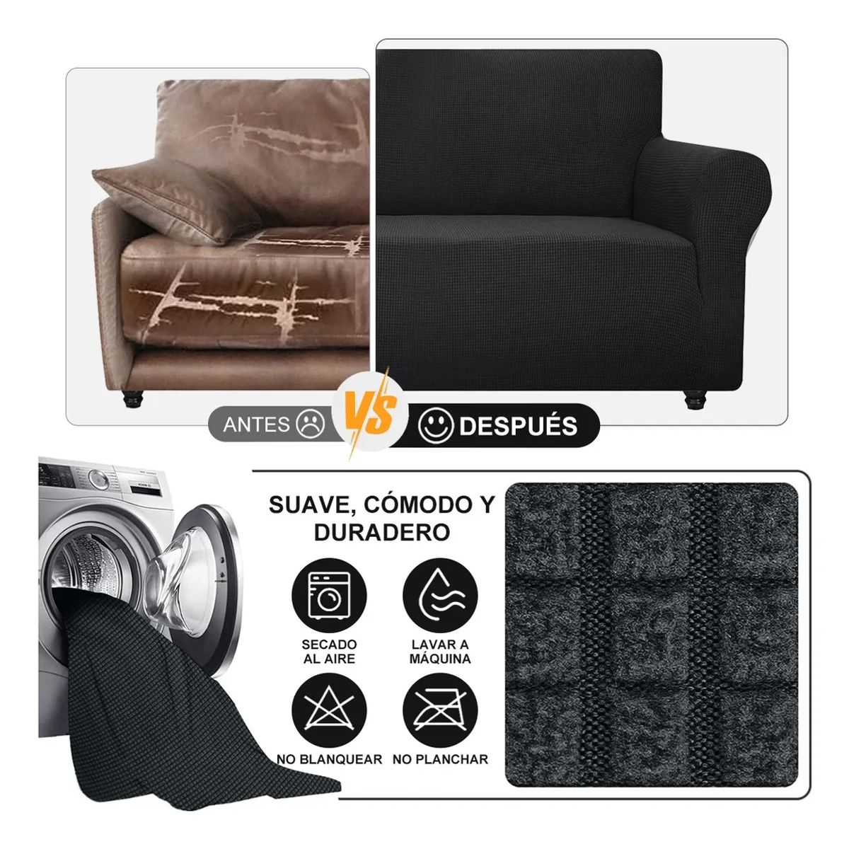 SUPERCENTER - Funda Sofá Cubre Sillón Protectora Para 3 Cuerpos Elastizada Negro